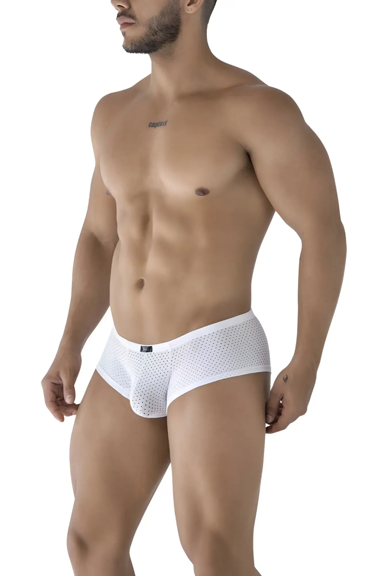 Xtremen 91216B white microfiber mesh briefs with subtle pattern and small blue brand tag front view