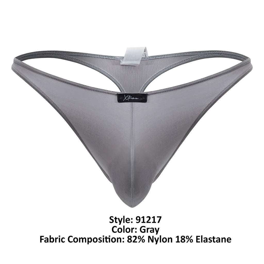 Gray men’s thong xtremen 91217 made of 82 nylon 18 elastane with subtle textured finish front view