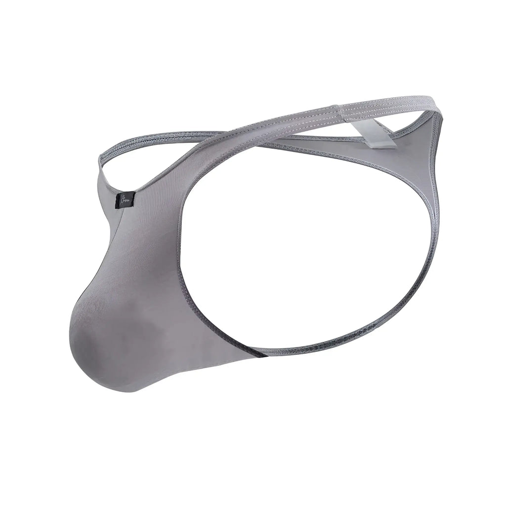 Gray xtremen 91217 microfiber men’s thong with mesh fabric contoured support and adjustable straps visible from the back