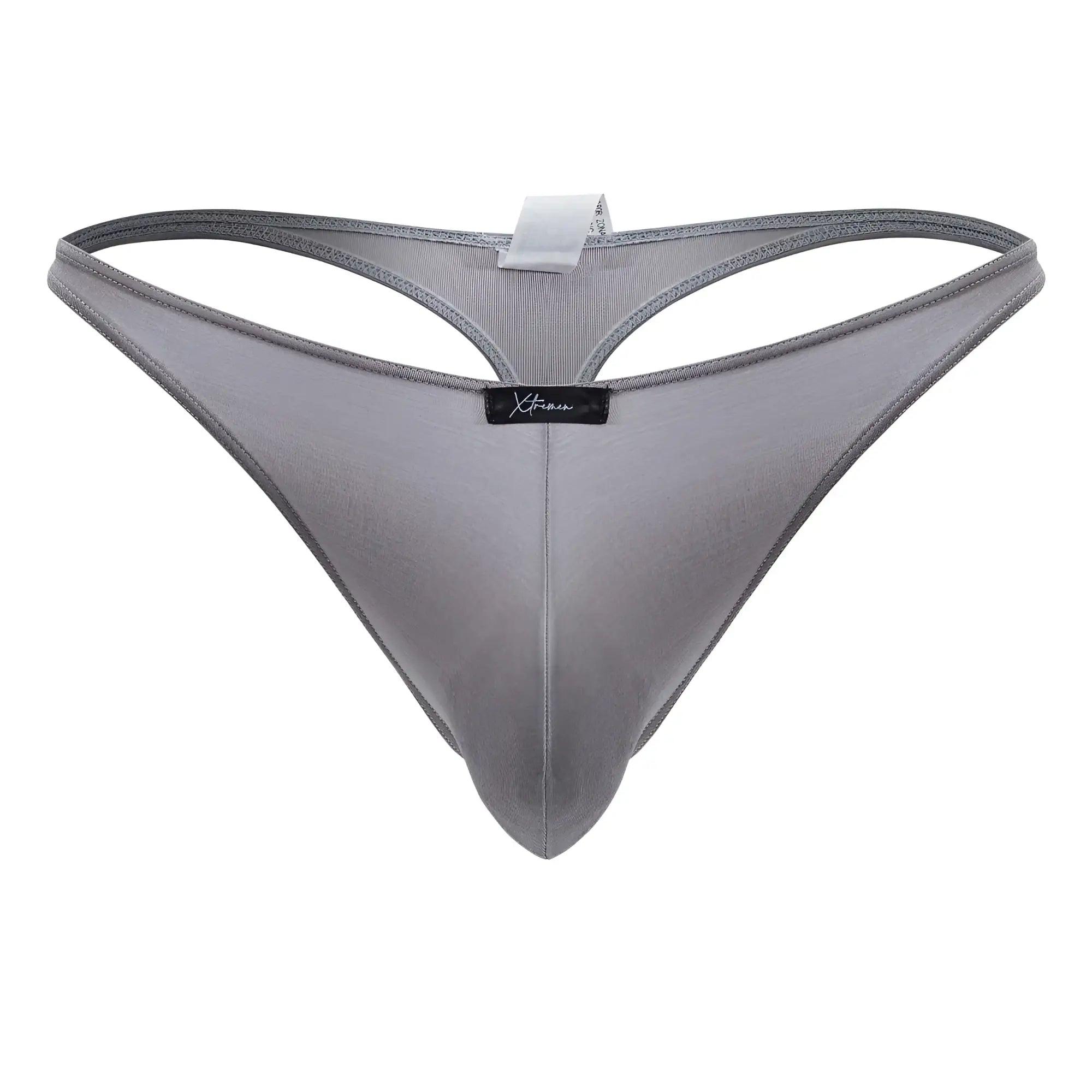 Gray xtremen 91217 microfiber thong with subtle mesh texture and black brand tag at center front