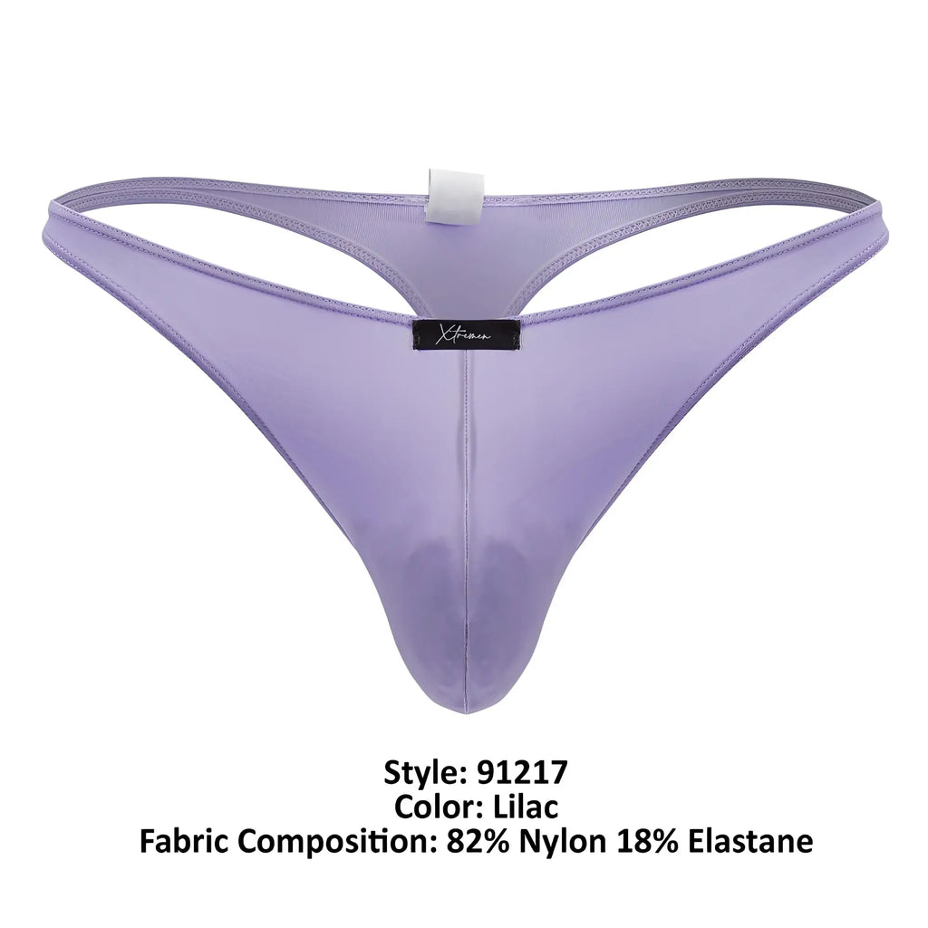 Lilac sheer nylon and elastane thong with black Xtremen brand tag from microfiber thongs collection