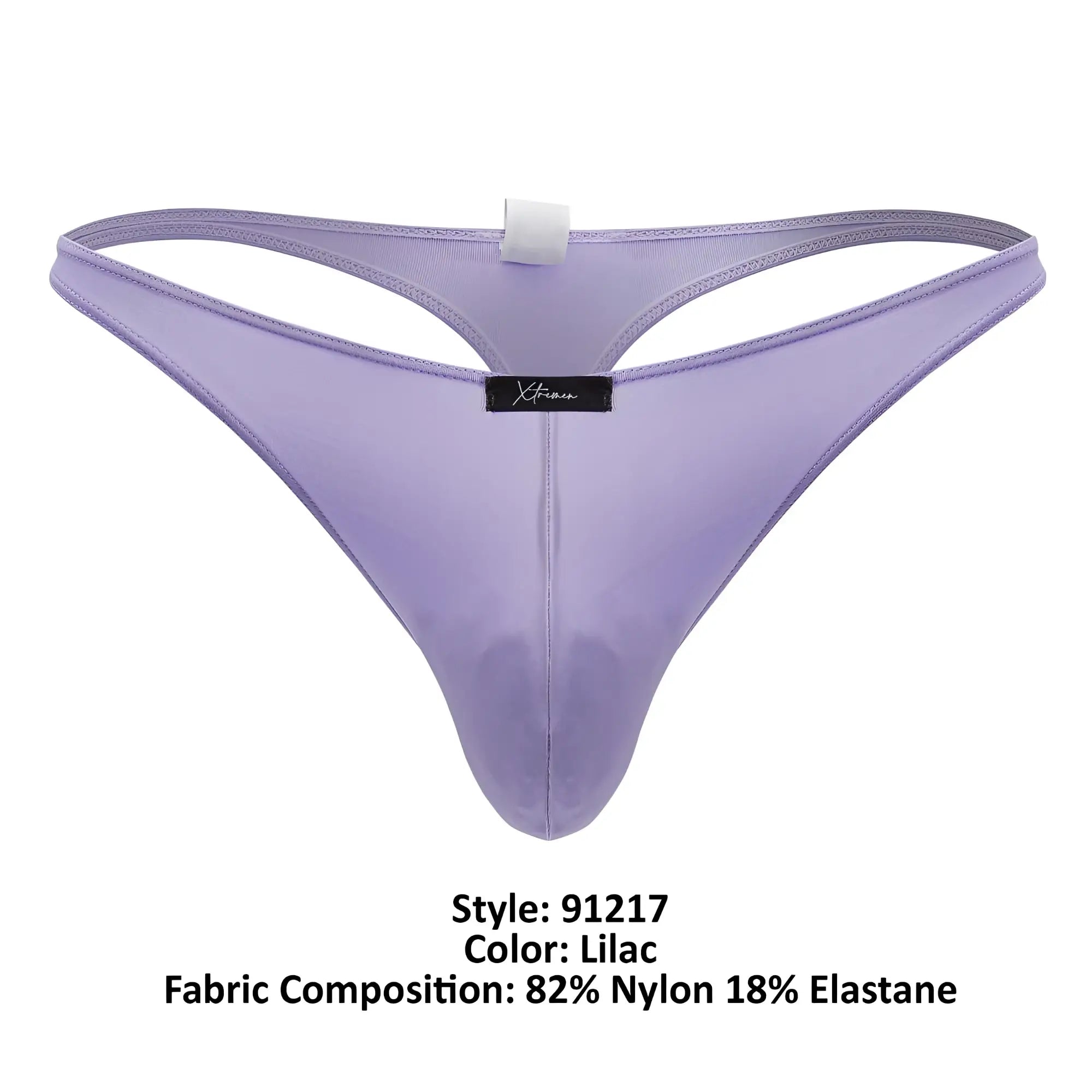 Lilac sheer nylon and elastane thong with black Xtremen brand tag from microfiber thongs collection