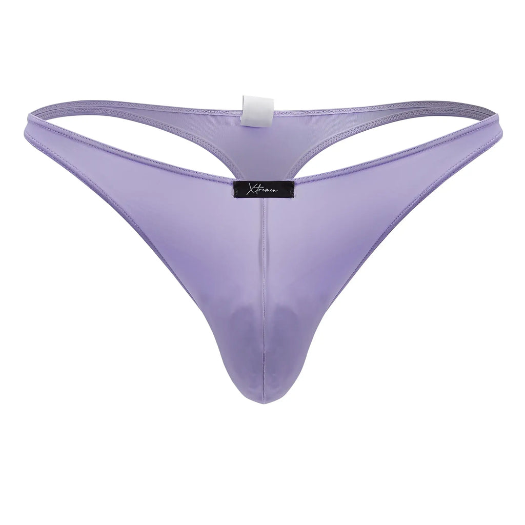 Lavender-colored sheer mesh thong with black xtremen brand tag made of microfiber in lilac color