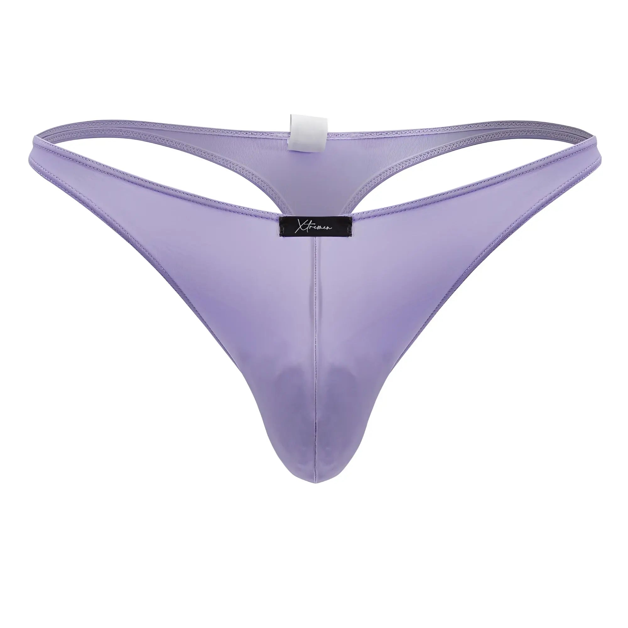 Lavender-colored sheer mesh thong with black xtremen brand tag made of microfiber in lilac color
