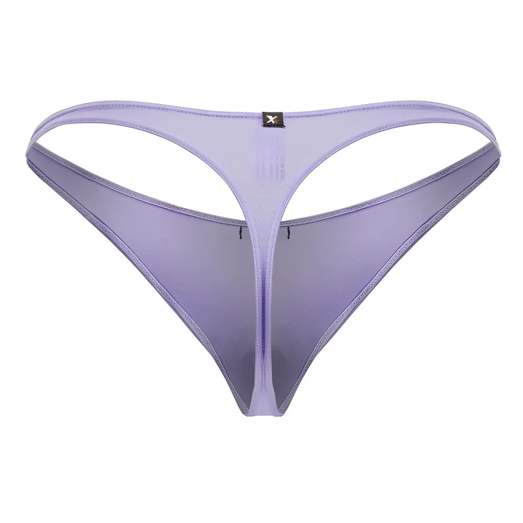 Lavender sheer mesh Xtremen 91217 microfiber thong with thin supportive design and small black brand tag at the back