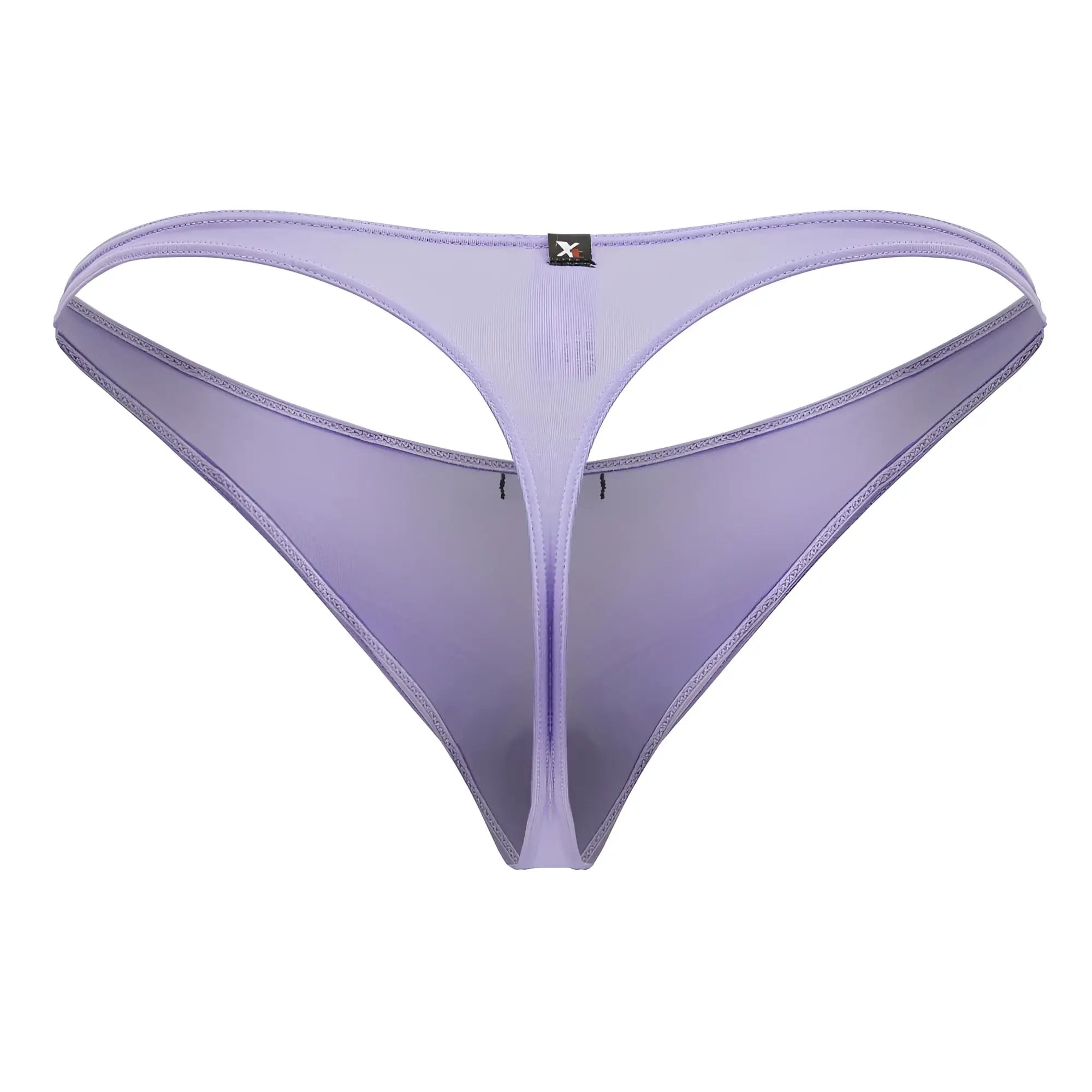 Lavender sheer mesh Xtremen 91217 microfiber thong with thin supportive design and small black brand tag at the back