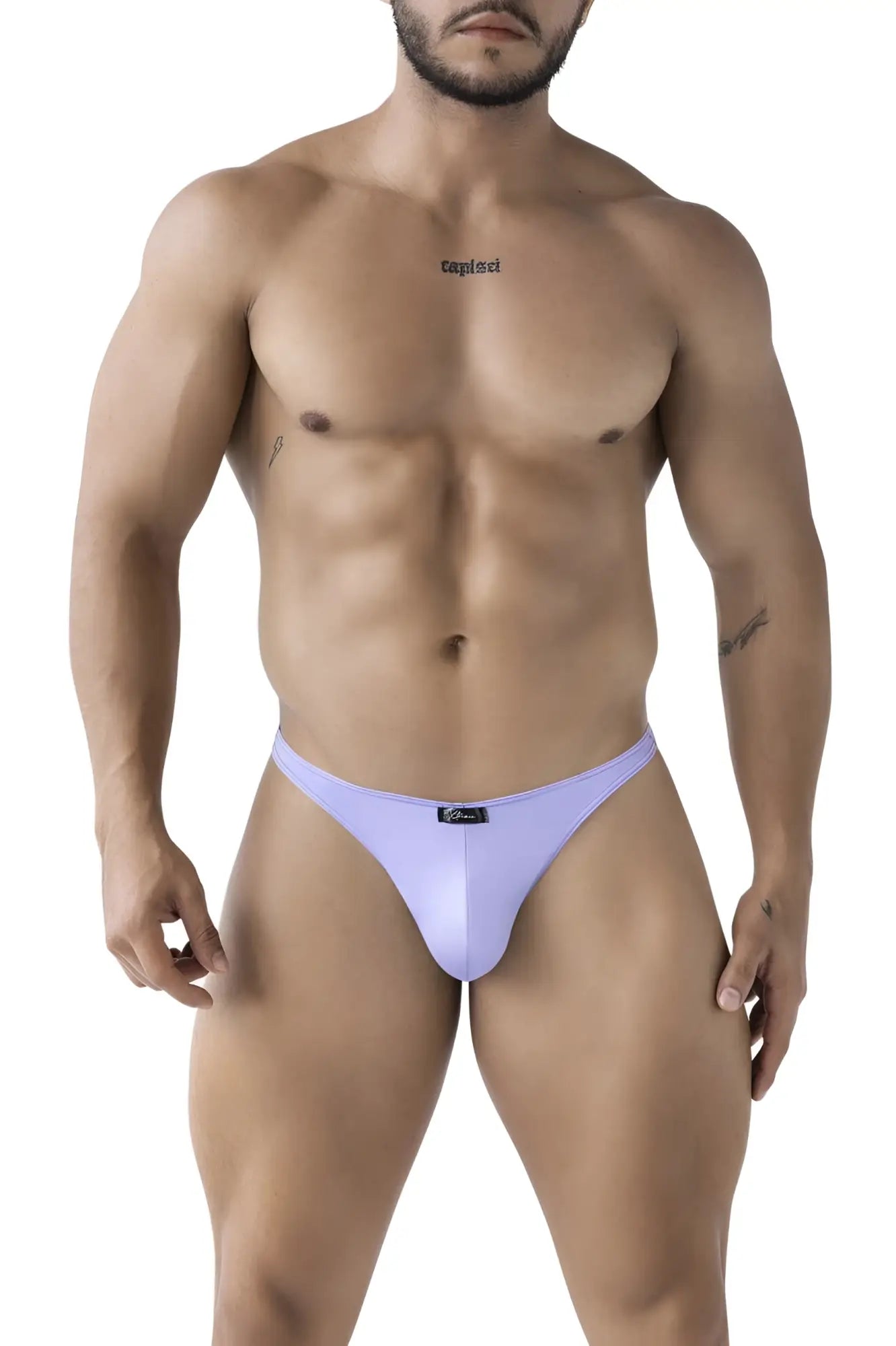 Light purple microfiber form-fitting thong showing back side with small black Xtremen brand tag