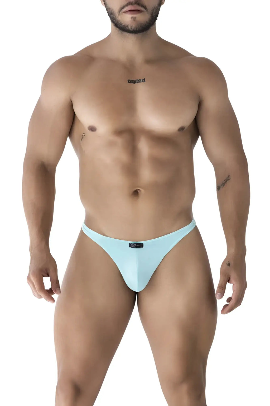 Light blue Xtremen 91217 microfiber thong with seamless design and subtle brand tag at waistband