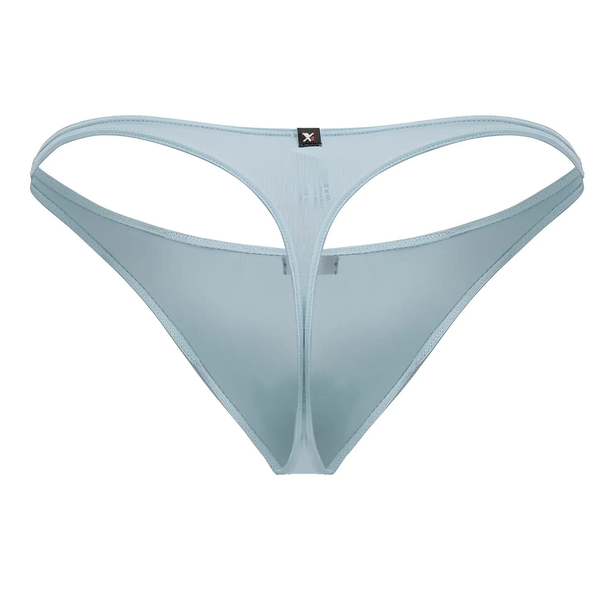 Light blue sheer mesh Xtremen 91217 microfiber thong with thin supportive design and small black brand tag at the back
