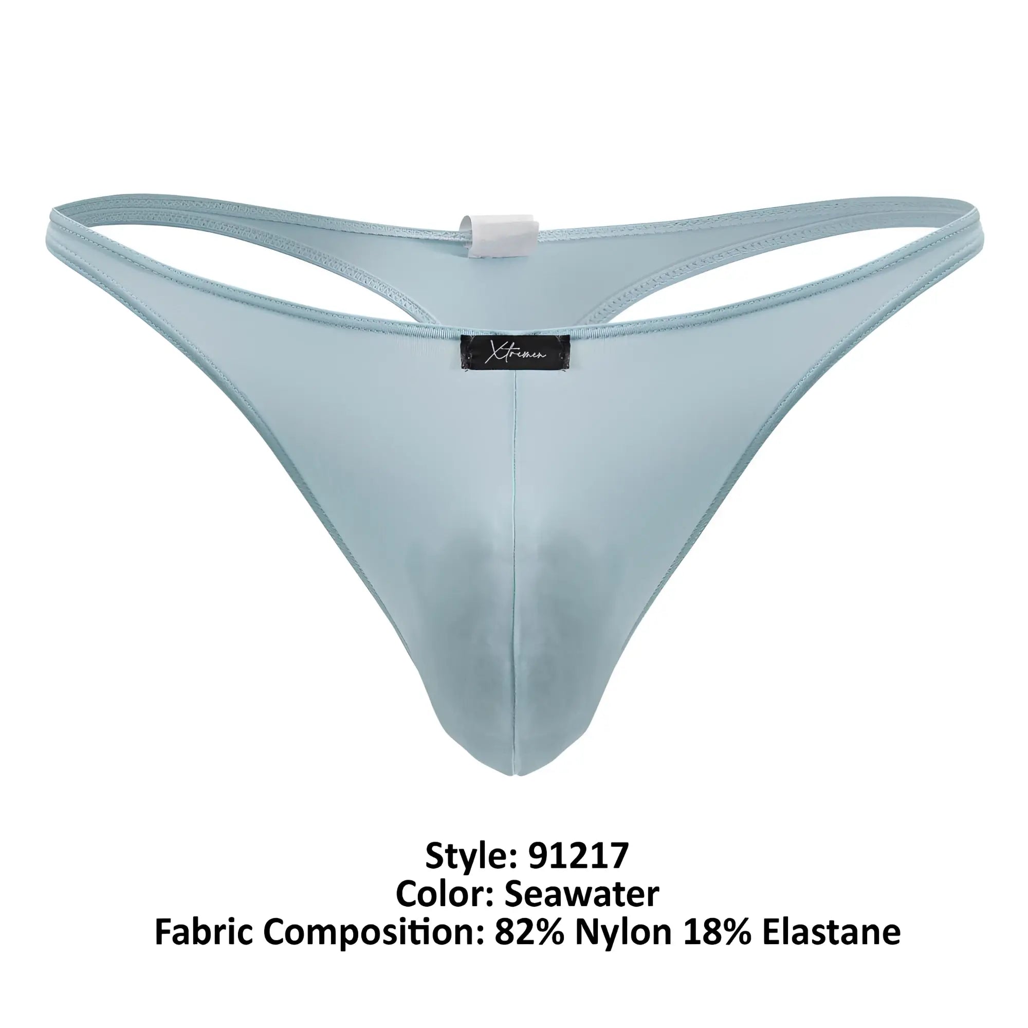 A sleek light blue seawater microfiber thong made of 82% nylon and 18% elastane fabric front view