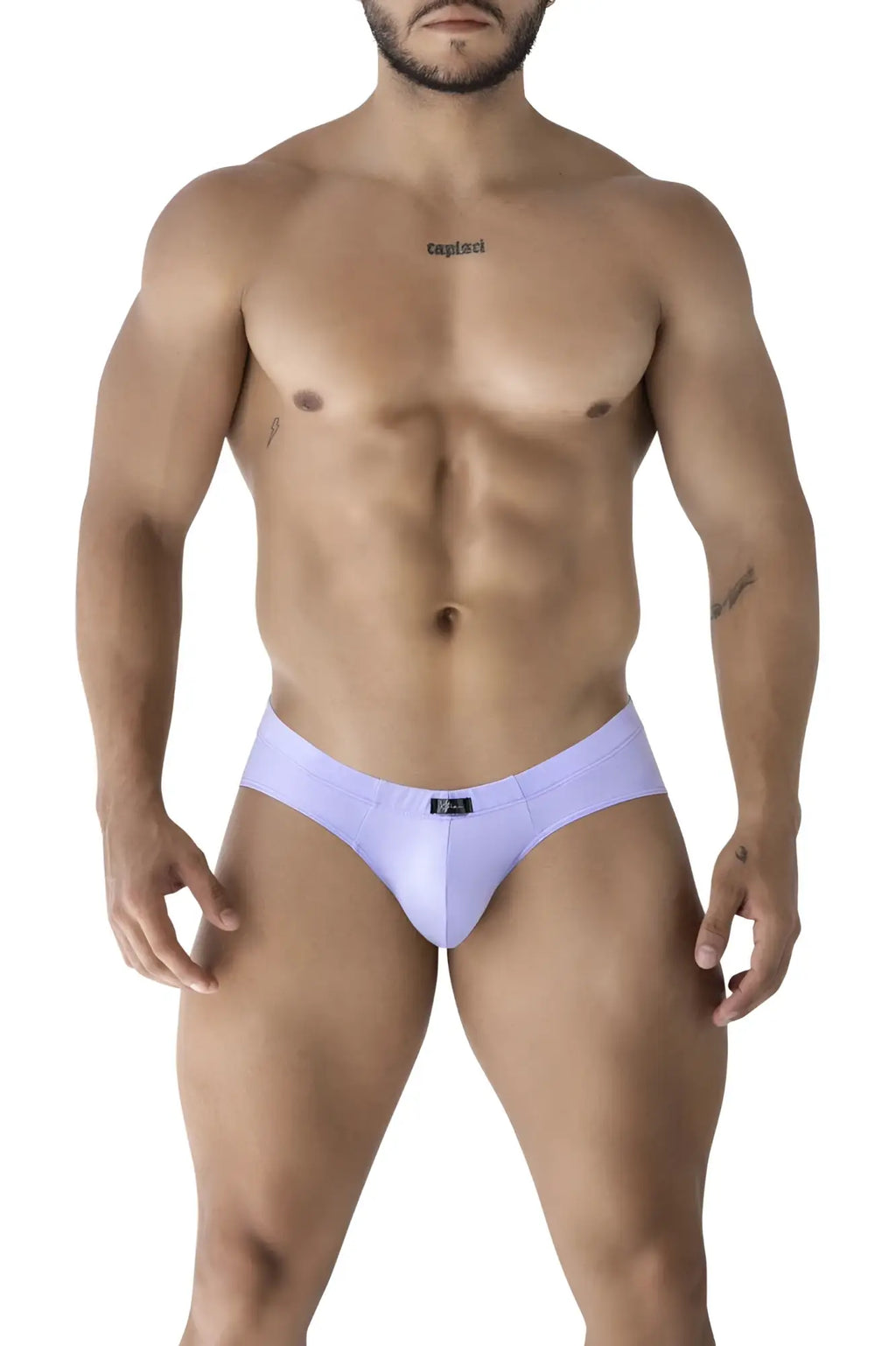 Xtremen 91218 microfiber lilac men’s briefs with sleek smooth fabric and small black logo waistband front view