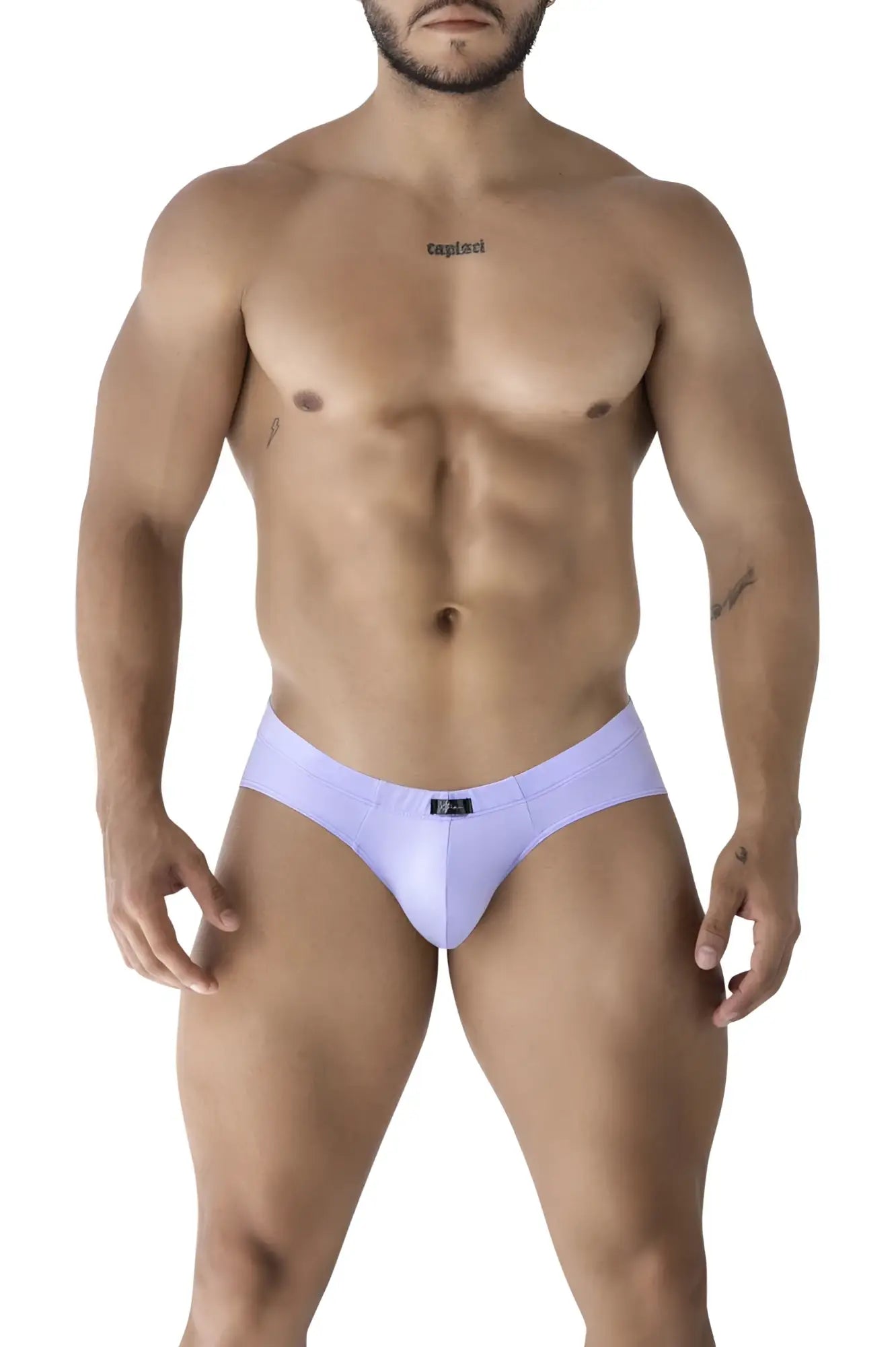 Xtremen 91218 microfiber lilac men’s briefs with sleek smooth fabric and small black logo waistband front view