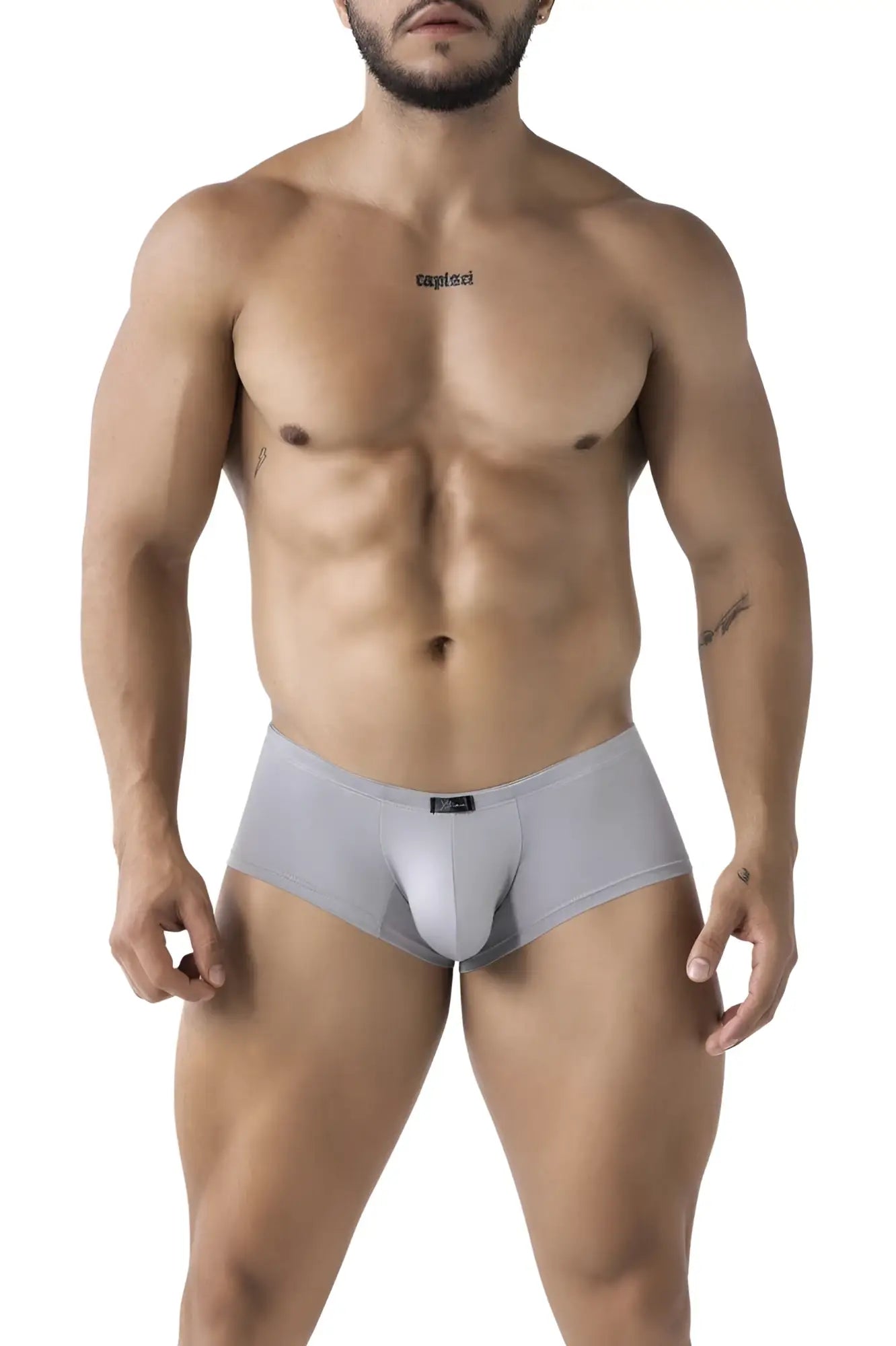 Gray xtremen 91219 microfiber men’s briefs with a smooth form-fitting design and subtle brand tag at the waistband