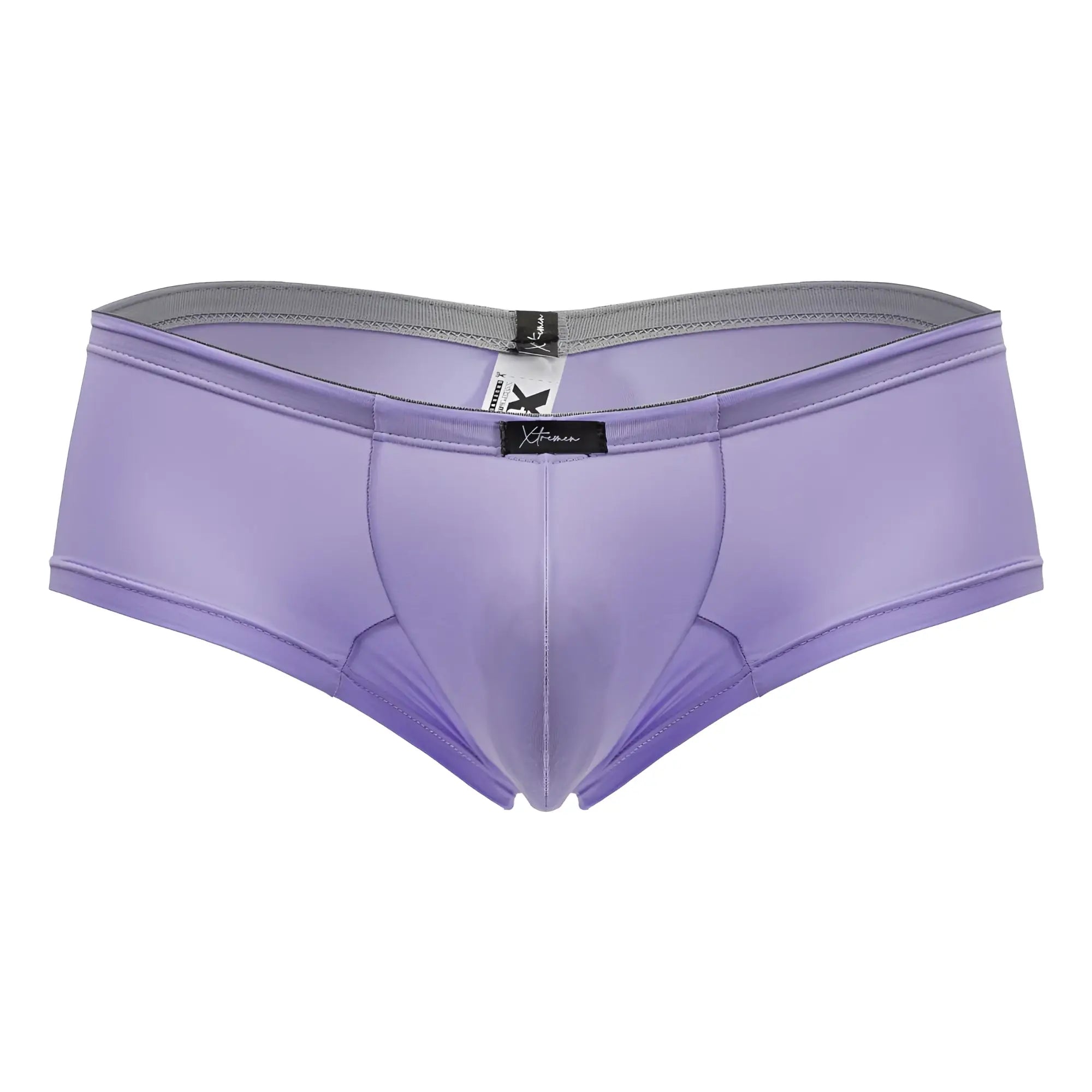Purple satin microfiber men’s briefs with gray elastic waistband and black brand tags xtremen 91219 trunks