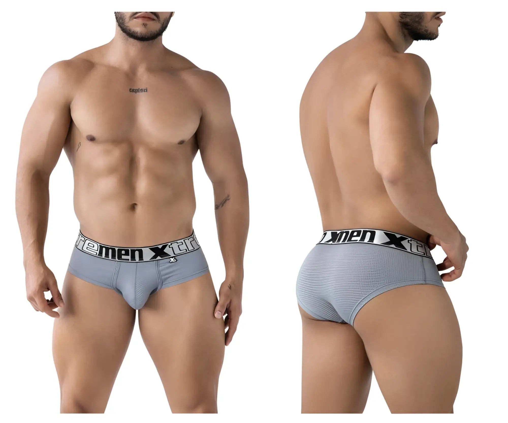 Gray xtremen 91221 microfiber men’s briefs with white elastic waistband featuring black xtreme men logo