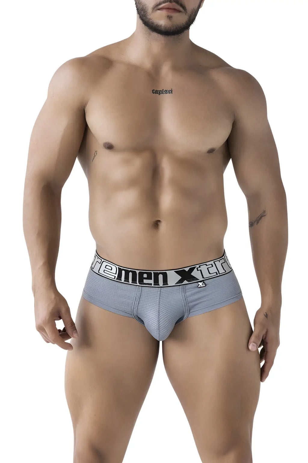 Gray textured men’s microfiber briefs with black and white xtremen branded waistband style 91221