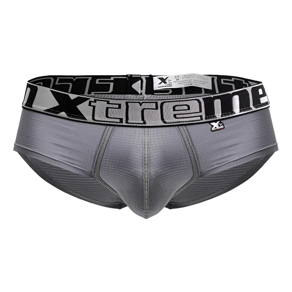Gray x-treme microfiber briefs with a black and white patterned waistband showing front side