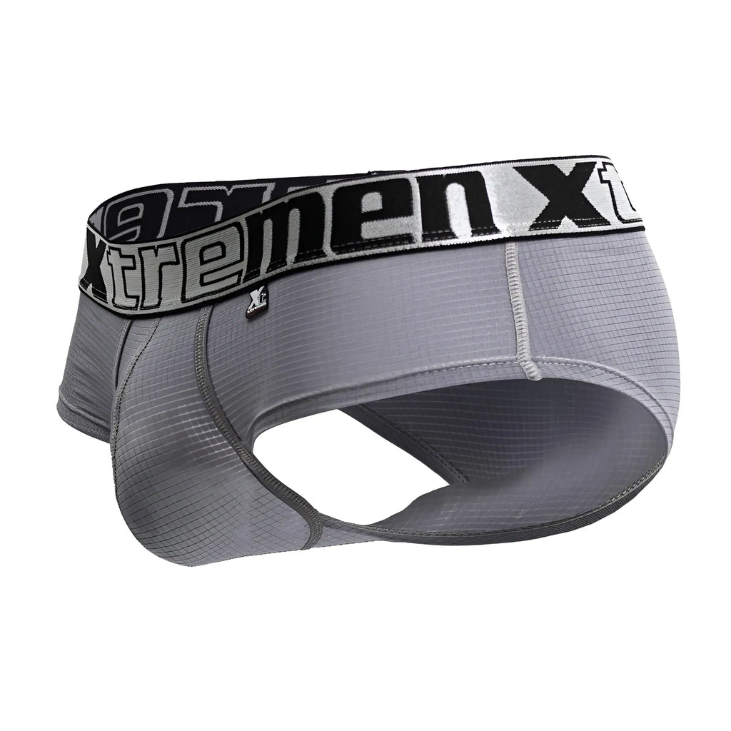 Gray xtremenx men’s athletic microfiber briefs with textured performance fabric and black silver branded waistband