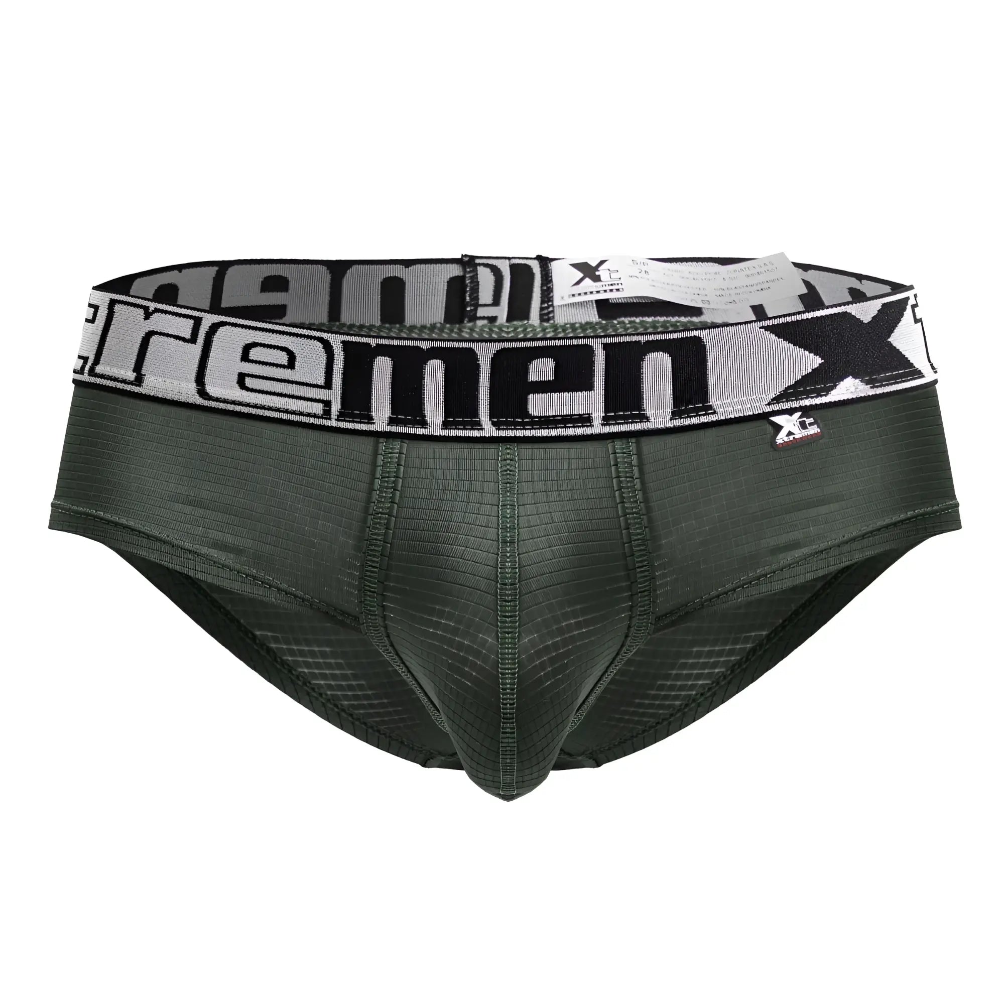 Dark green xtremen 91221 microfiber men’s briefs with black and white elastic waistband featuring xtreme logo