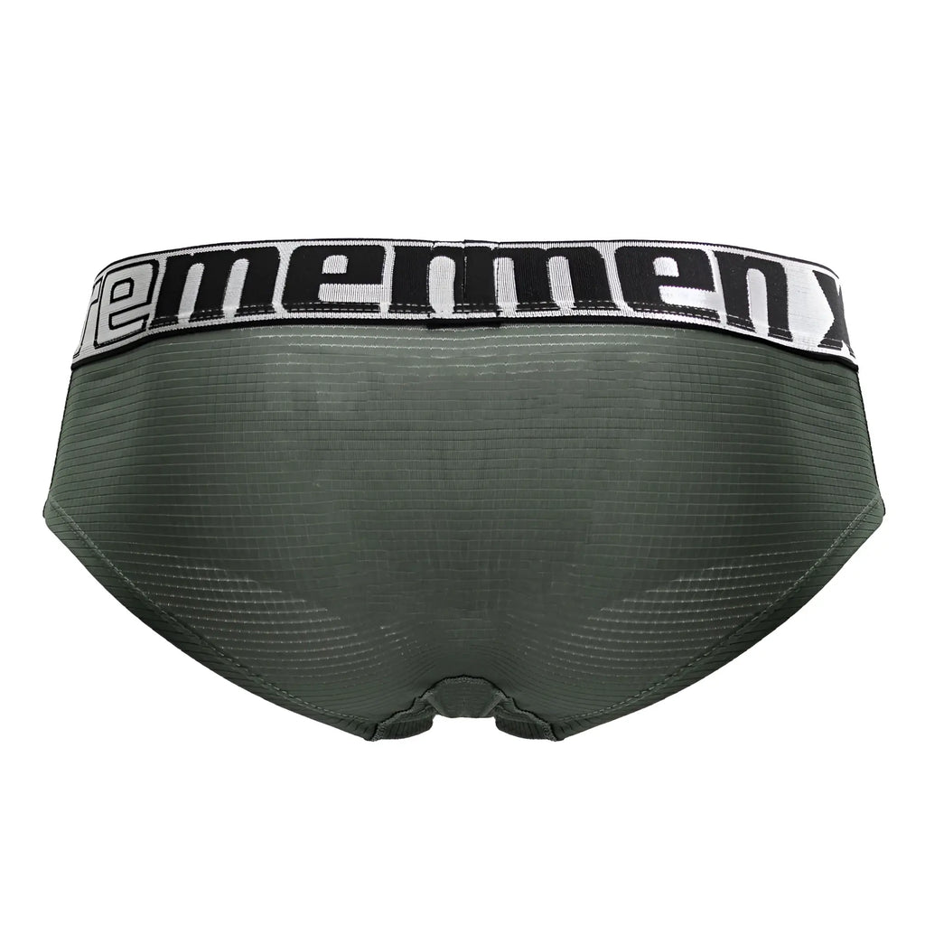 Olive green xtremen 91221 microfiber men’s briefs with a black and white ememenx logo elastic waistband