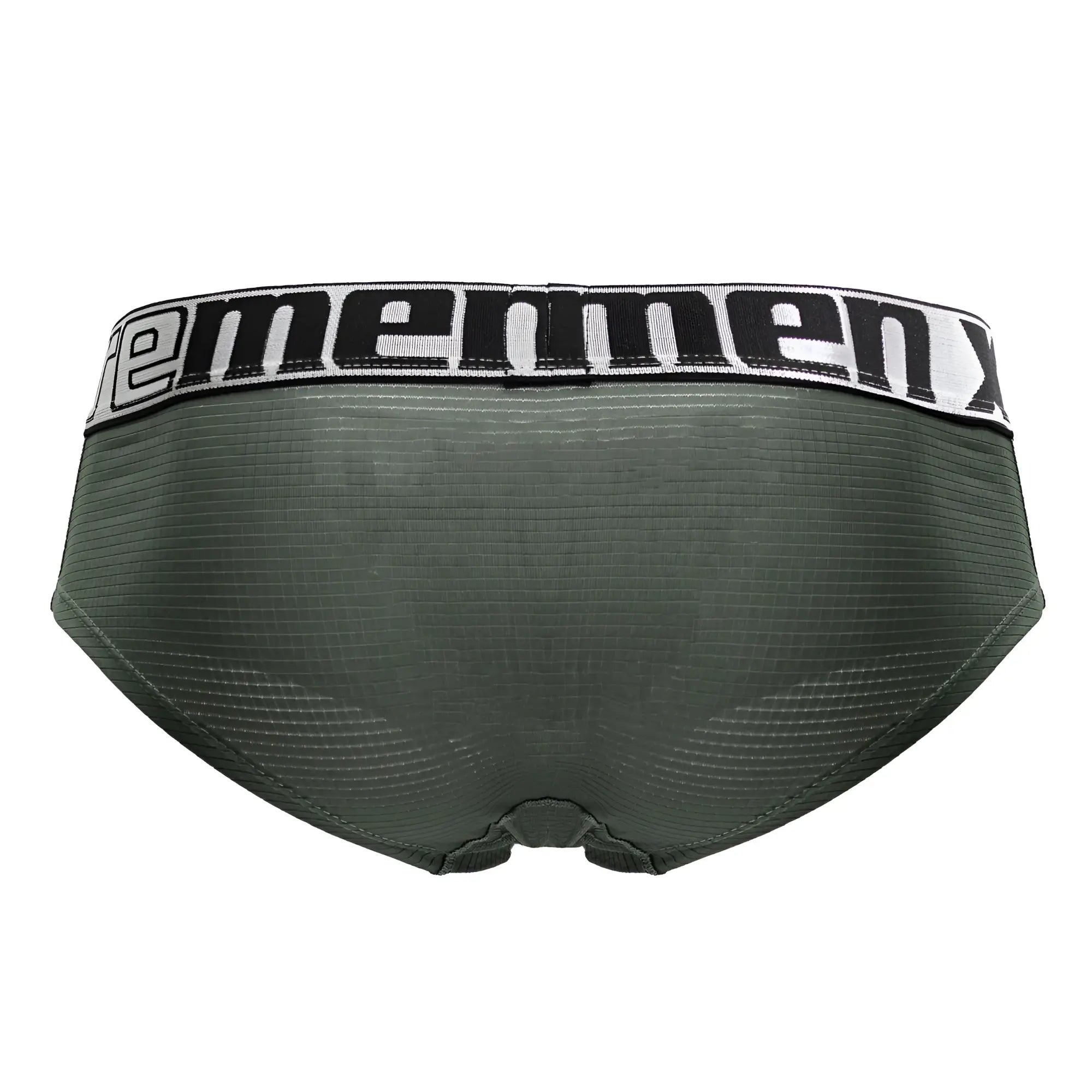 Olive green xtremen 91221 microfiber men’s briefs with a black and white ememenx logo elastic waistband