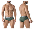 Olive green microfiber men’s briefs with textured fabric and black and white xtreme men waistband branding