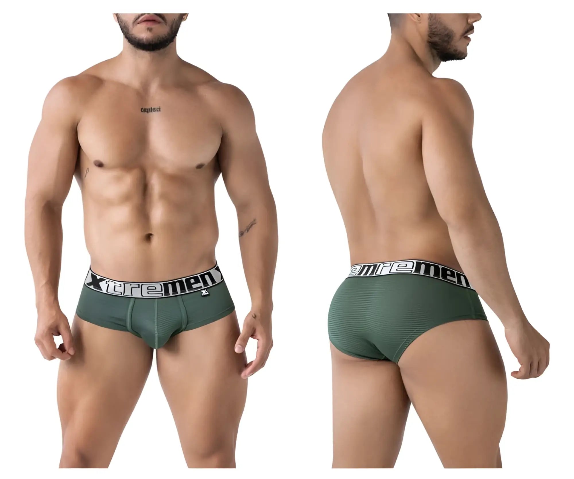 Olive green microfiber men’s briefs with textured fabric and black and white xtreme men waistband branding