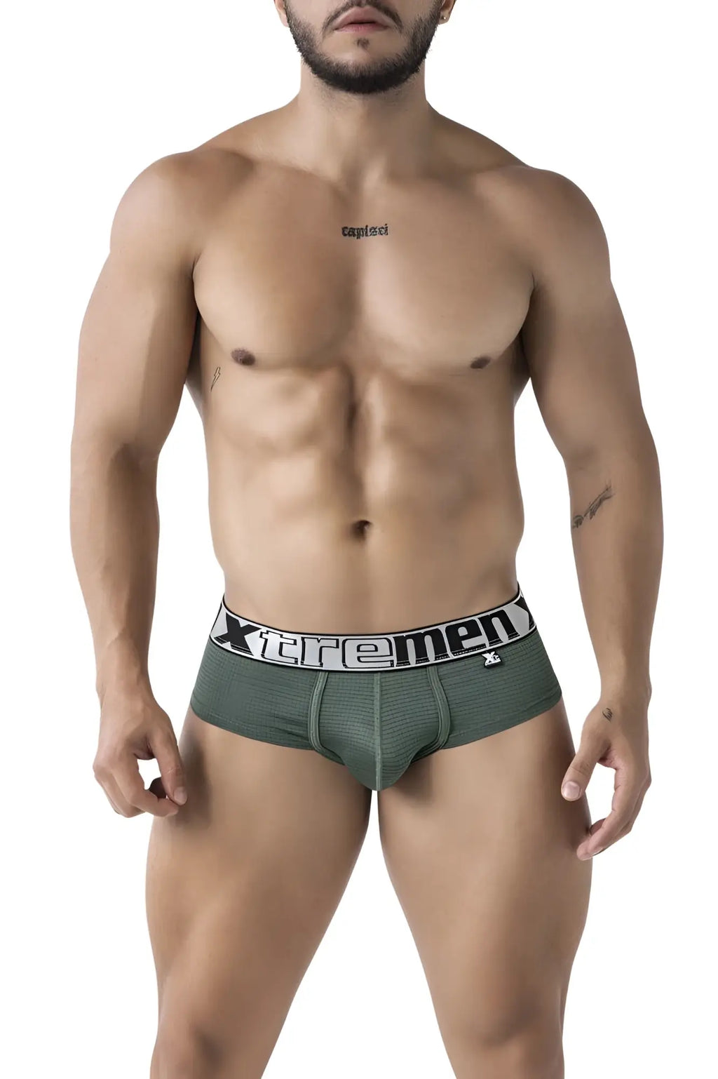 Xtremen 91221 microfiber olive green men briefs with white elastic waistband featuring brand logo
