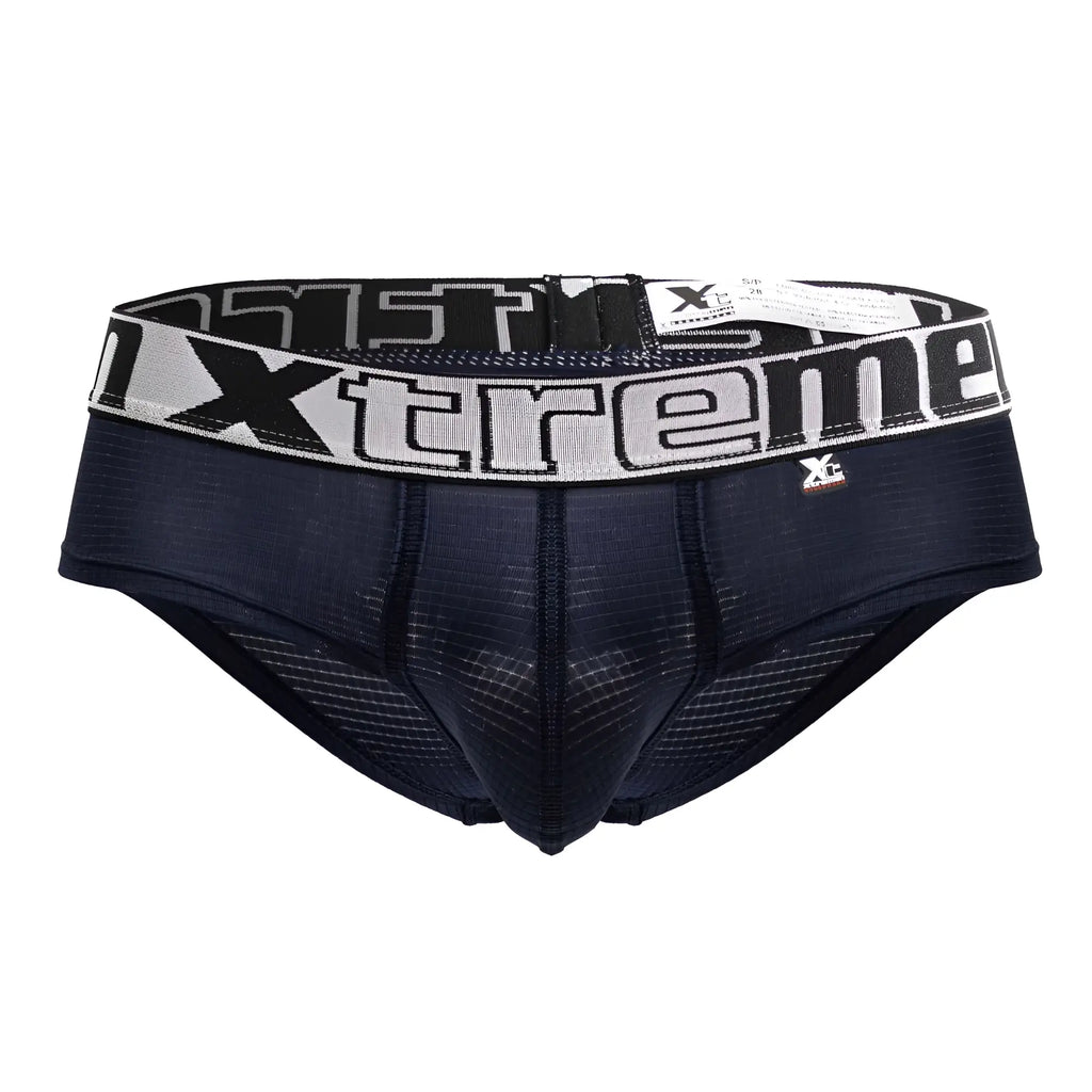 Black xtreme microfiber briefs with gray and black waistband featuring xtreme logo navy color front view