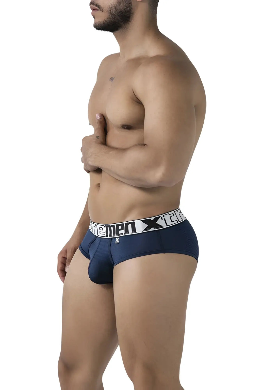 Navy xtremen 91221 microfiber men’s briefs with white elastic waistband and black extremen x logo