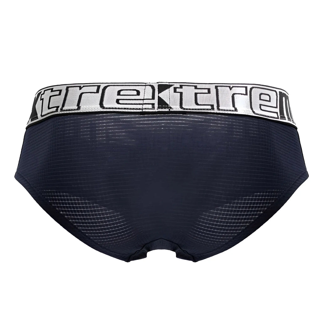 Navy blue xtremen 91221 microfiber briefs with mesh fabric and white black xtrem waistband front view
