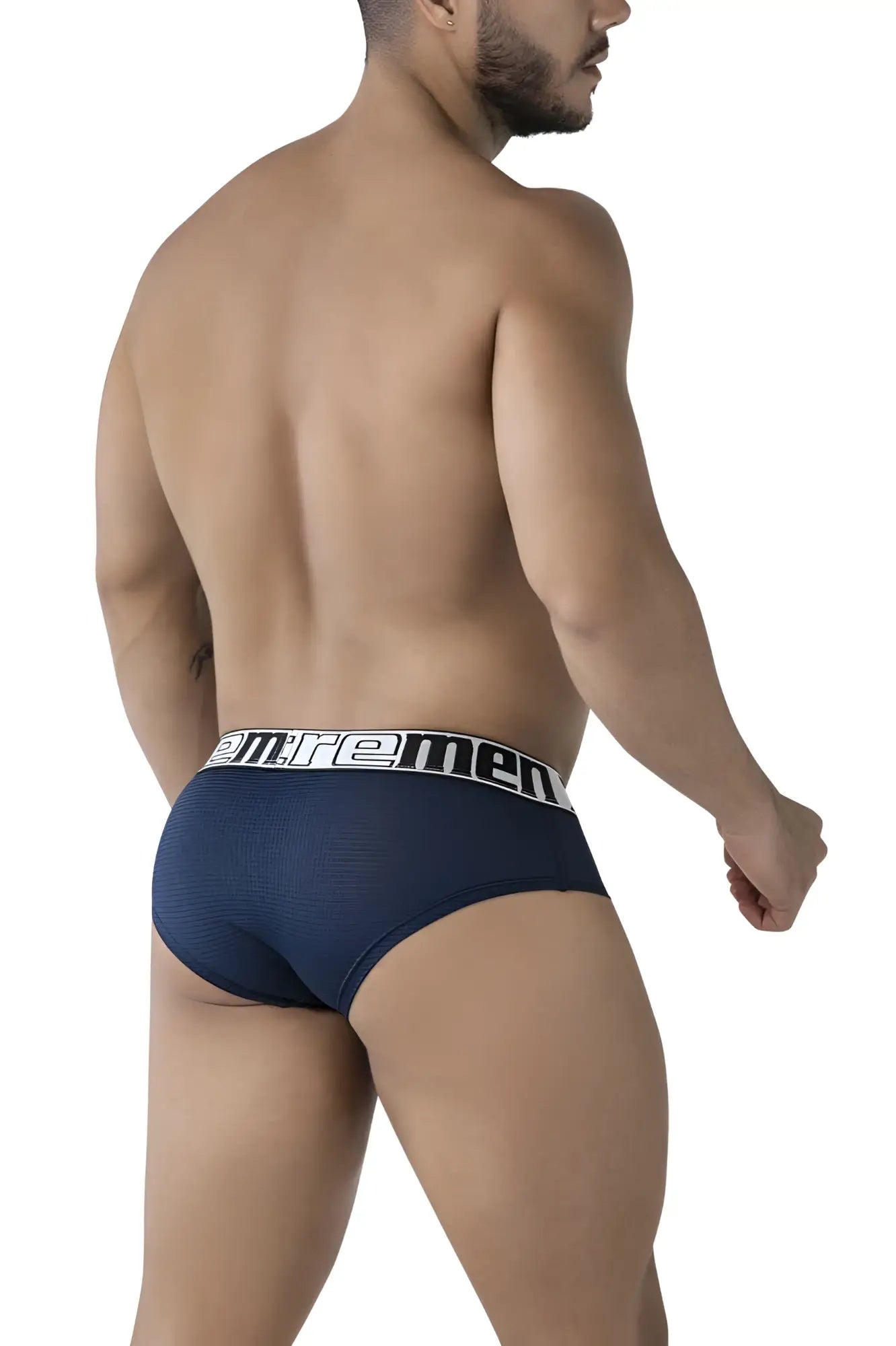 Navy blue textured xtremen 91221 microfiber briefs for men with white elastic waistband branded emremen in black lettering