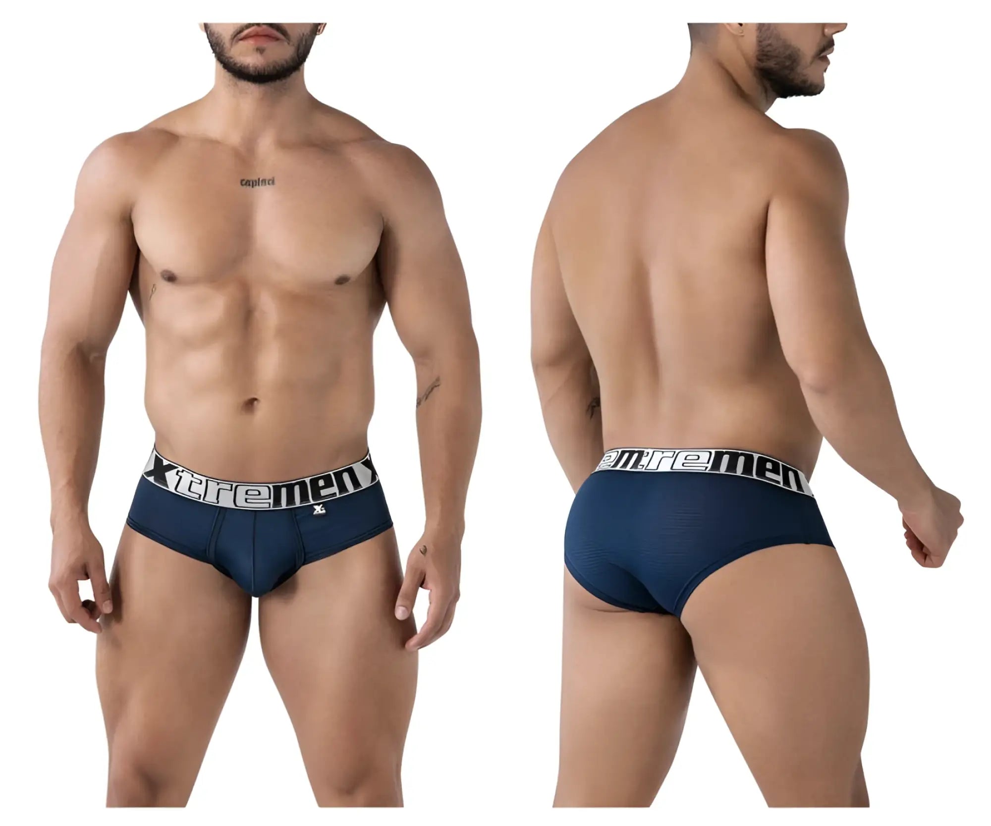 Navy blue Xtremen 91221 microfiber men’s briefs with black and white branded waistband front view