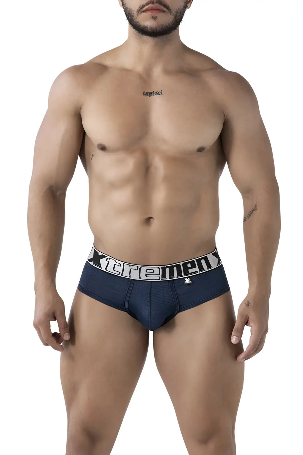 Navy xtremen 91221 microfiber briefs with a white elastic waistband and bold black xtremen brand lettering