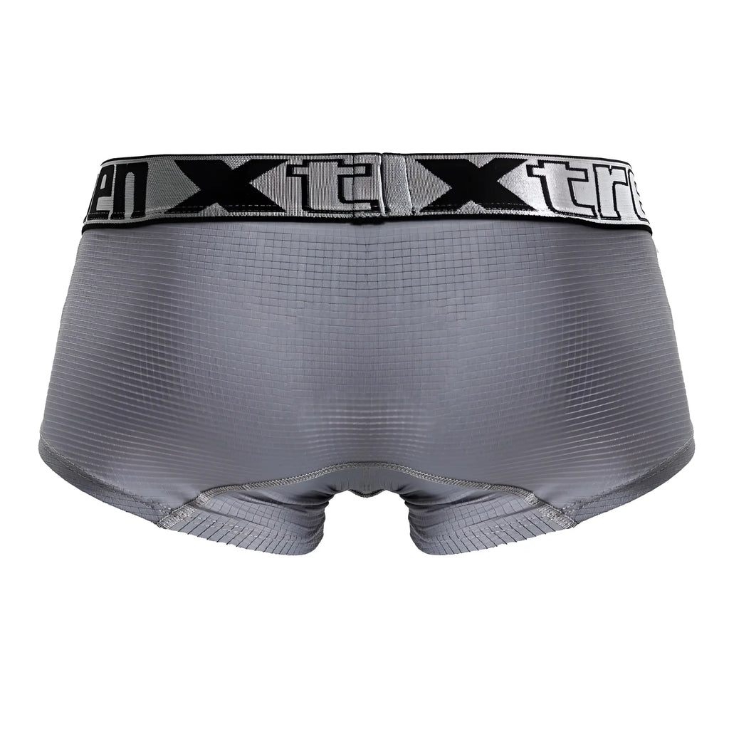 Gray xtreme microfiber trunks with ribbed fabric and black logo trim on waistband shown from the back side
