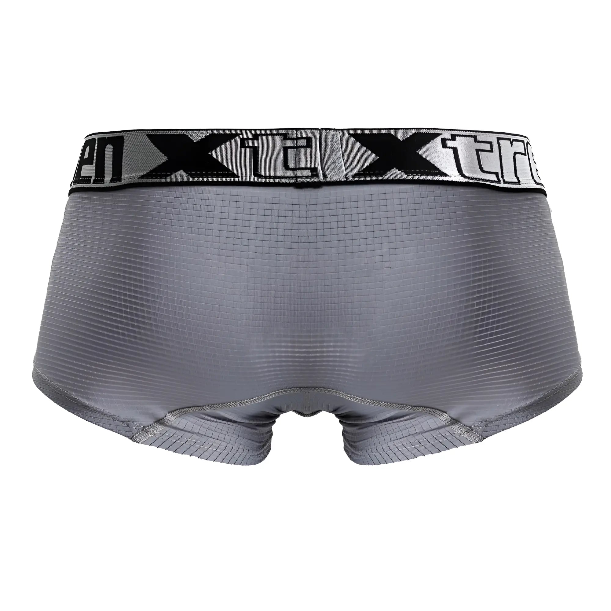 Gray xtreme microfiber trunks with ribbed fabric and black logo trim on waistband shown from the back side