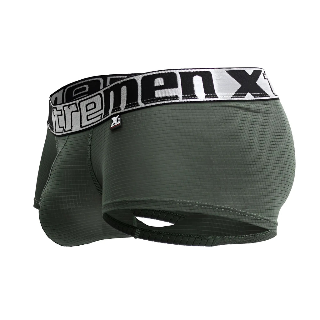 Dark green textured men’s microfiber boxer briefs with black and white extremen x elastic waistband