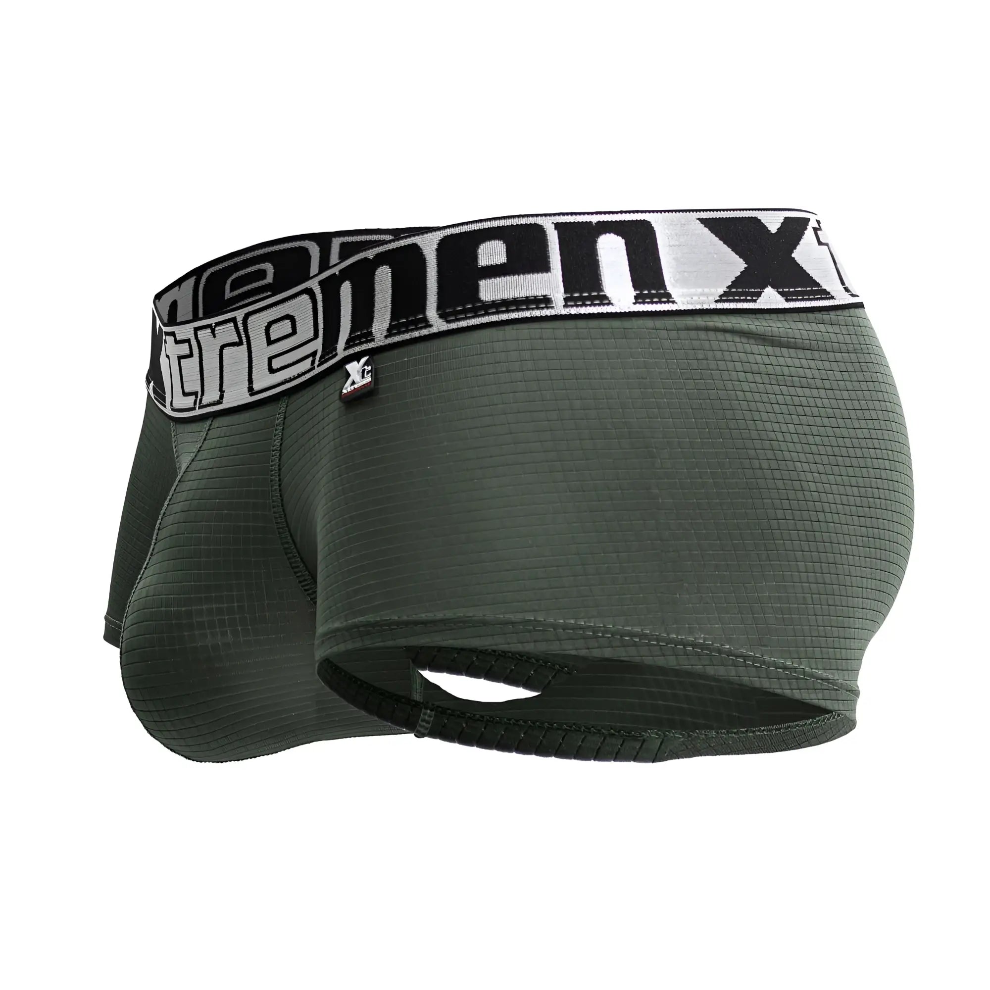 Dark green textured men’s microfiber boxer briefs with black and white extremen x elastic waistband