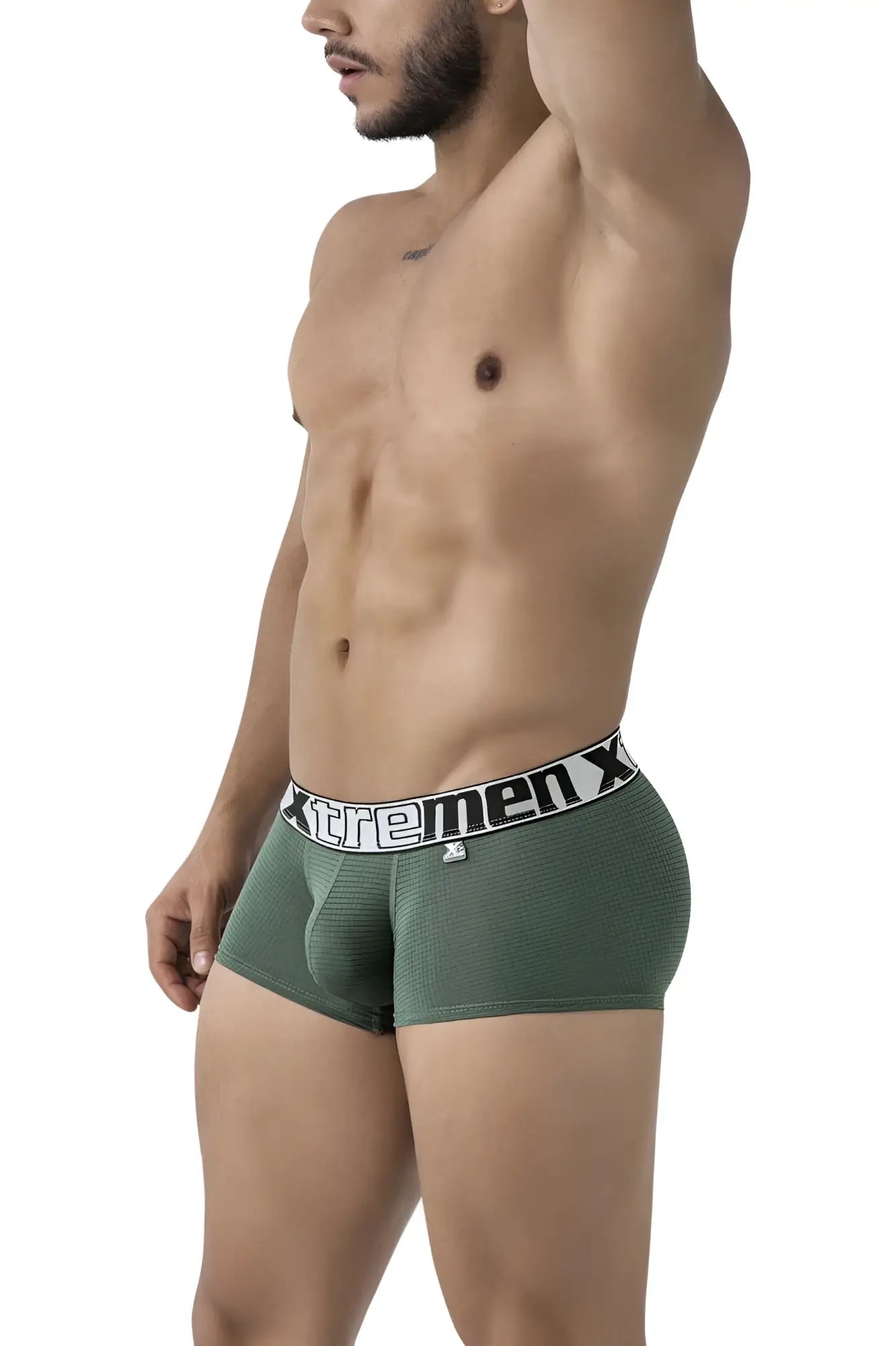 Olive green microfiber men’s boxer briefs with textured fabric and black and white xtremen x elastic waistband