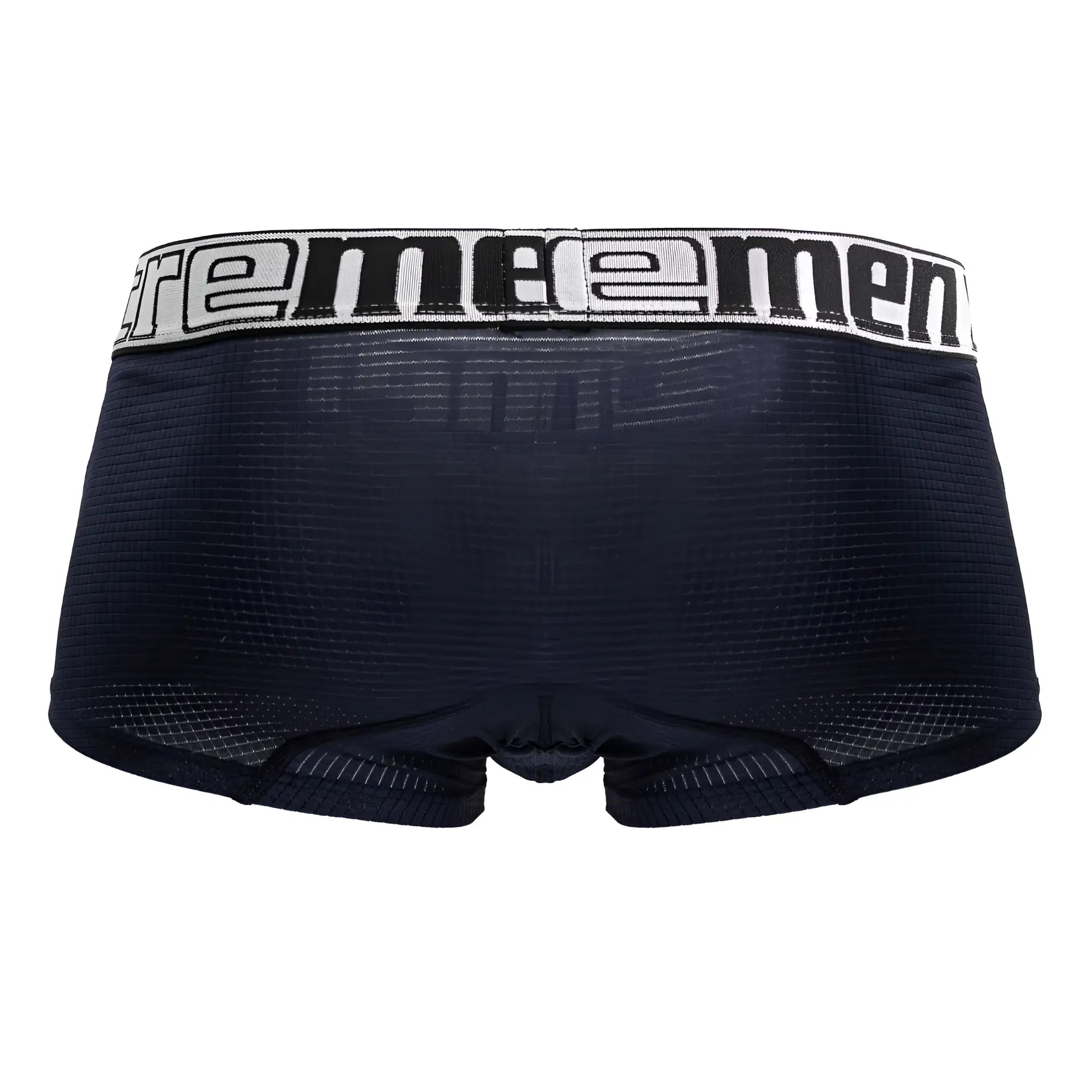 Black supreme men’s microfiber boxer briefs with white elastic waistband and bold black branding, xtremen 91222 trunks