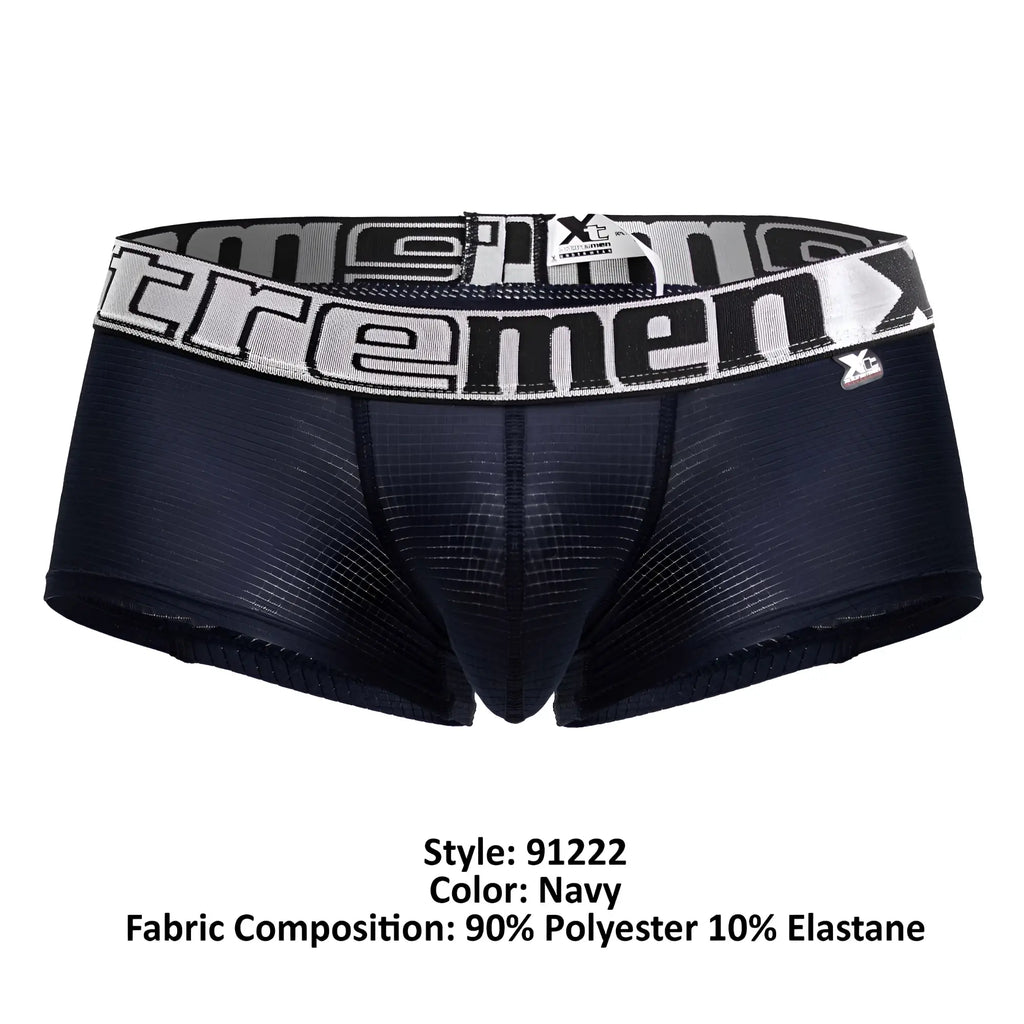 Navy blue Xtremen 91222 microfiber men’s boxer briefs with a black and white patterned waistband and extreme logo