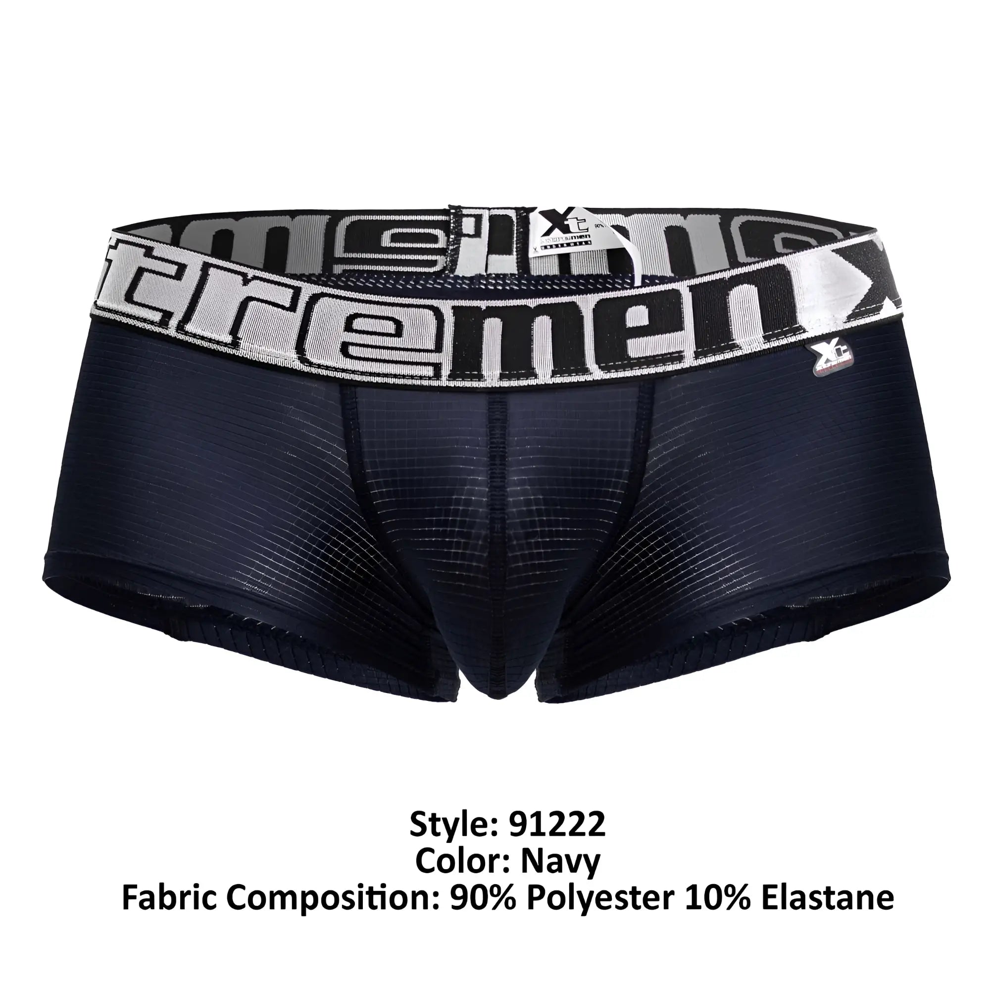 Navy blue Xtremen 91222 microfiber men’s boxer briefs with a black and white patterned waistband and extreme logo