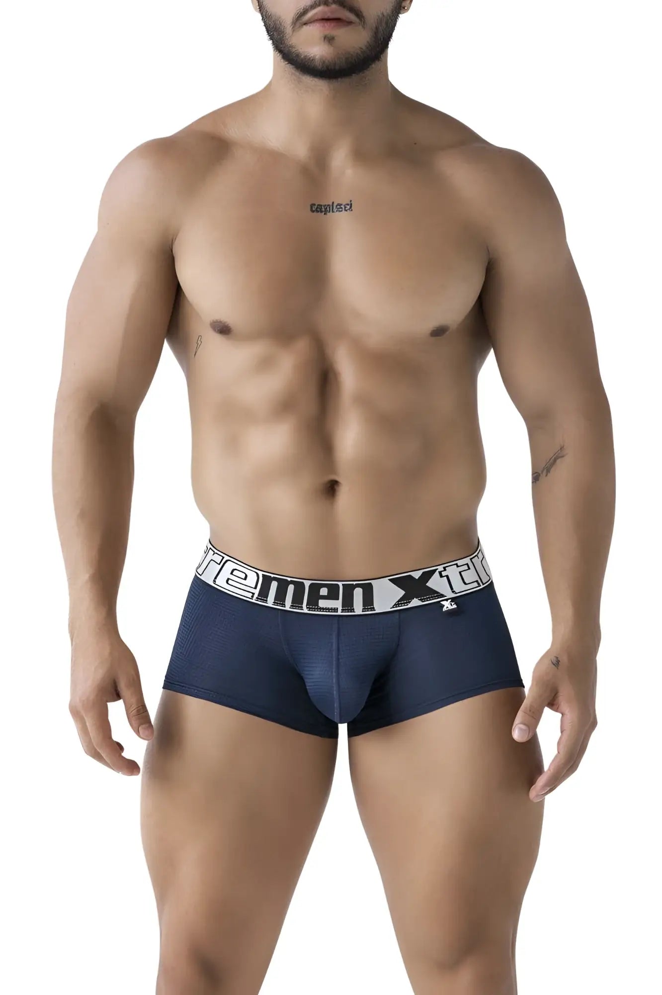 Navy microfiber men’s boxer briefs with white elastic waistband featuring xtreme men logo and brand emblem