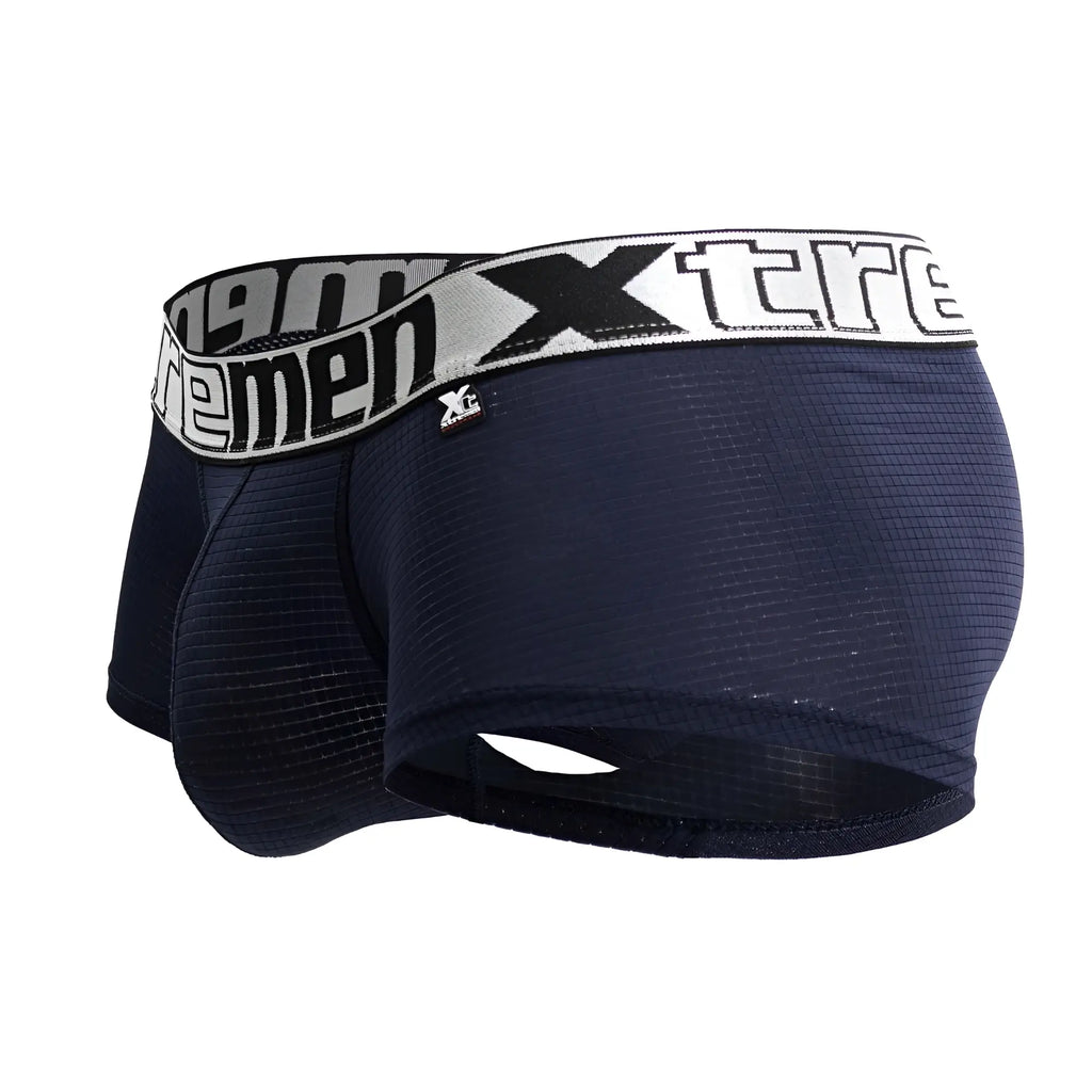 Navy blue textured Xtremen 91222 microfiber men’s boxer briefs with white and black elastic waistband logo