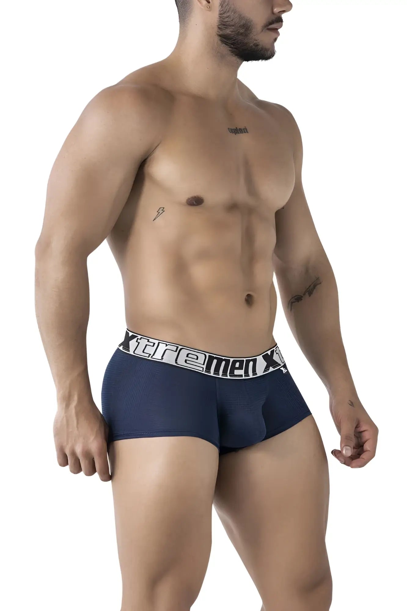 Navy xtremen 91222 microfiber trunks with white elastic waistband and black brand logo for comfortable wear
