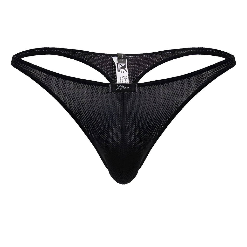 Black mesh xtremen 91223 microfiber thong showing the back with sleek design and branded tag