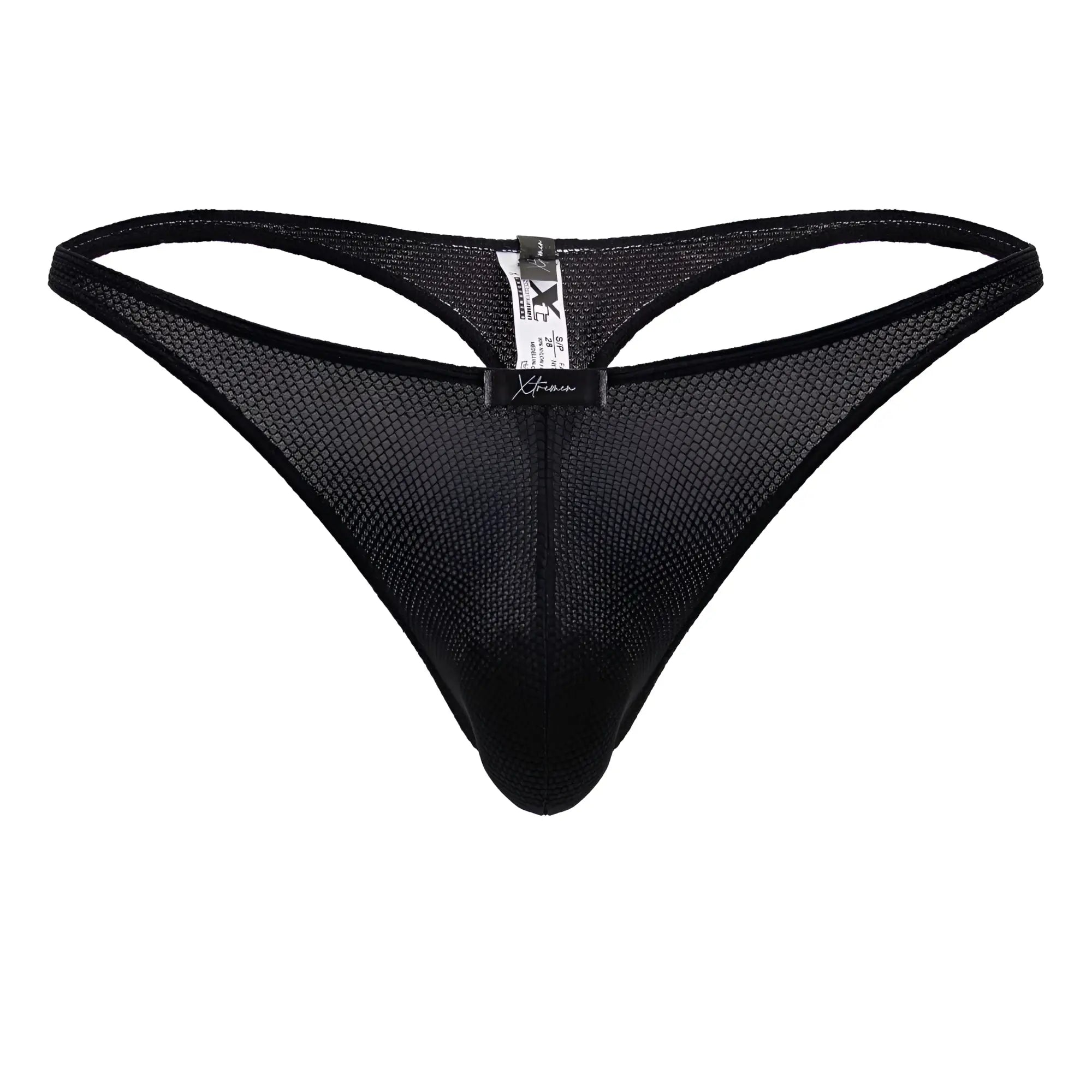 Black mesh xtremen 91223 microfiber thong showing the back with sleek design and branded tag