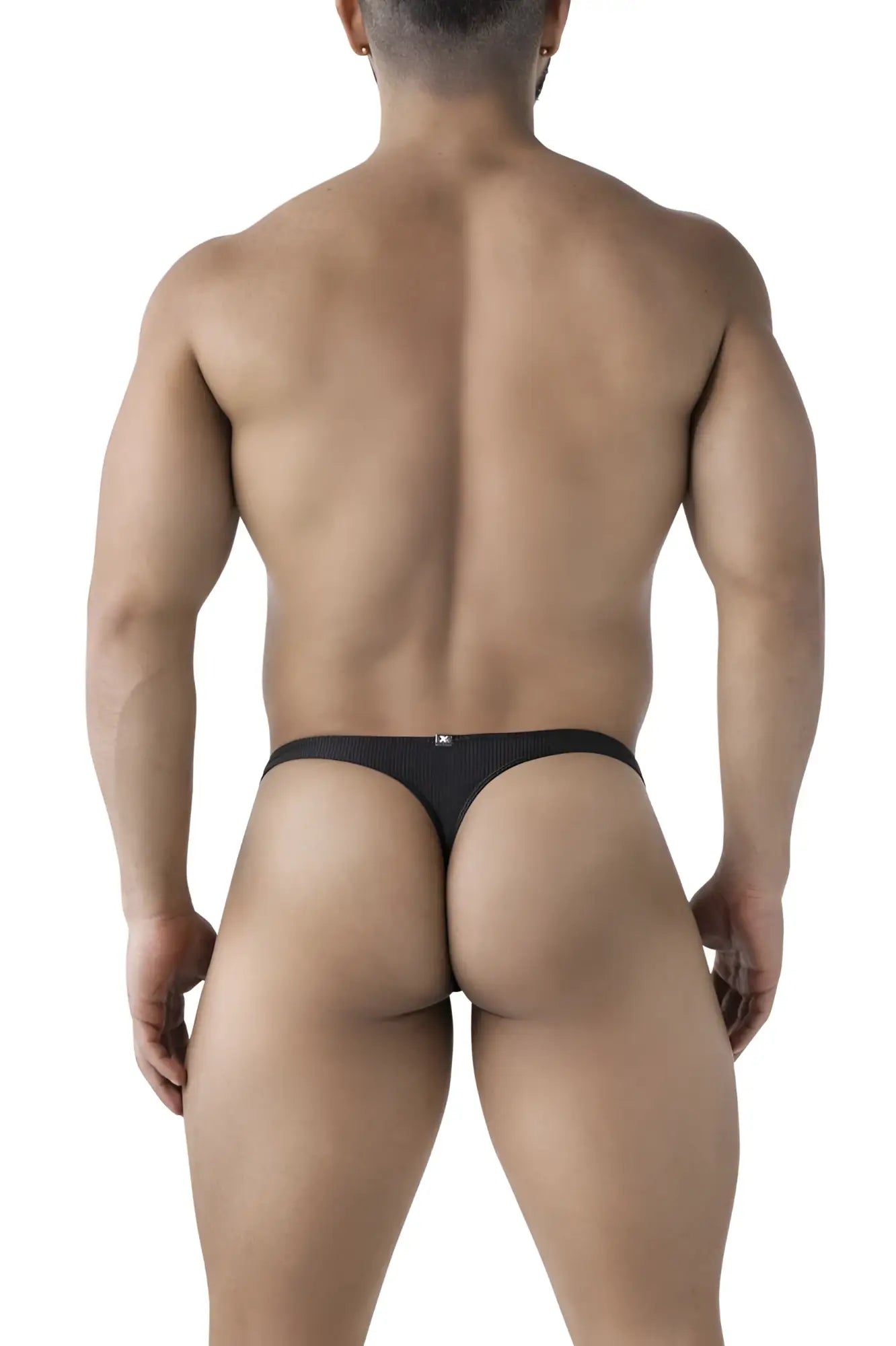 Black xtremen 91223 microfiber ribbed thong with small logo on waistband shown from back view
