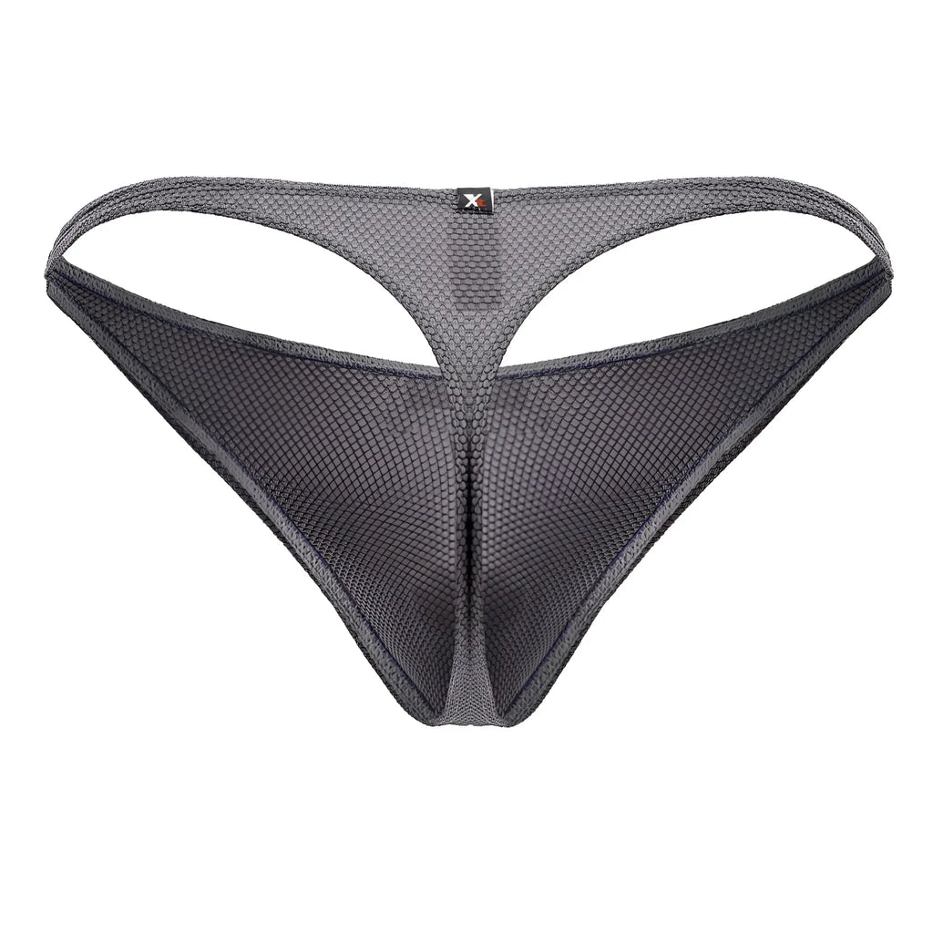 Dark gray microfiber mesh thong with subtle textured pattern and small black logo tag on the waistband center