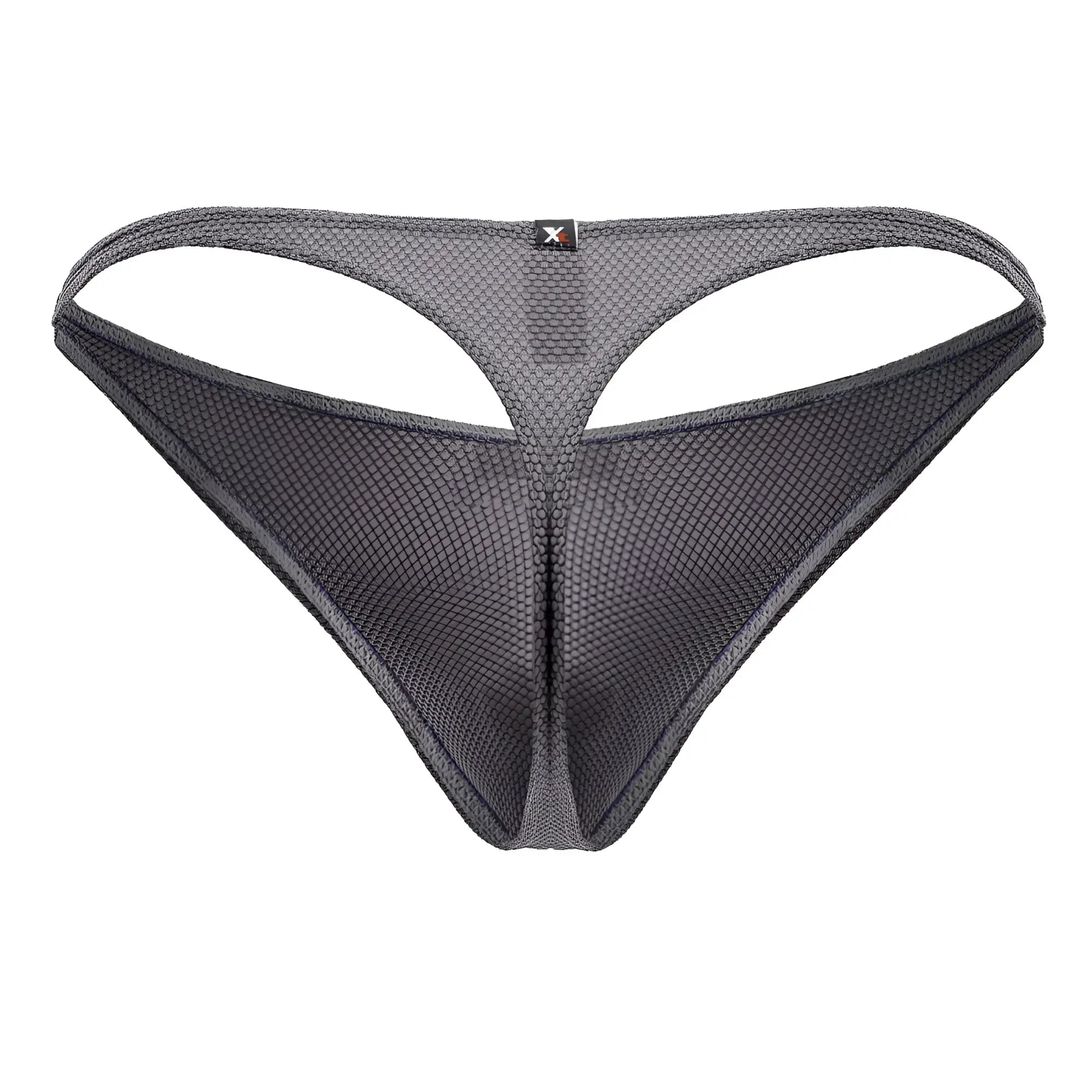 Dark gray microfiber mesh thong with subtle textured pattern and small black logo tag on the waistband center